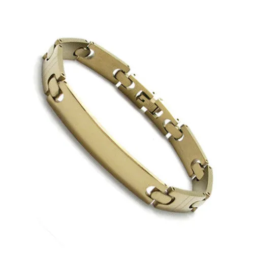 Classic 8" Thin Center Scored Section Link Stainless Steel Bracelet with Engravable Plate. Available in Gold and Steel.