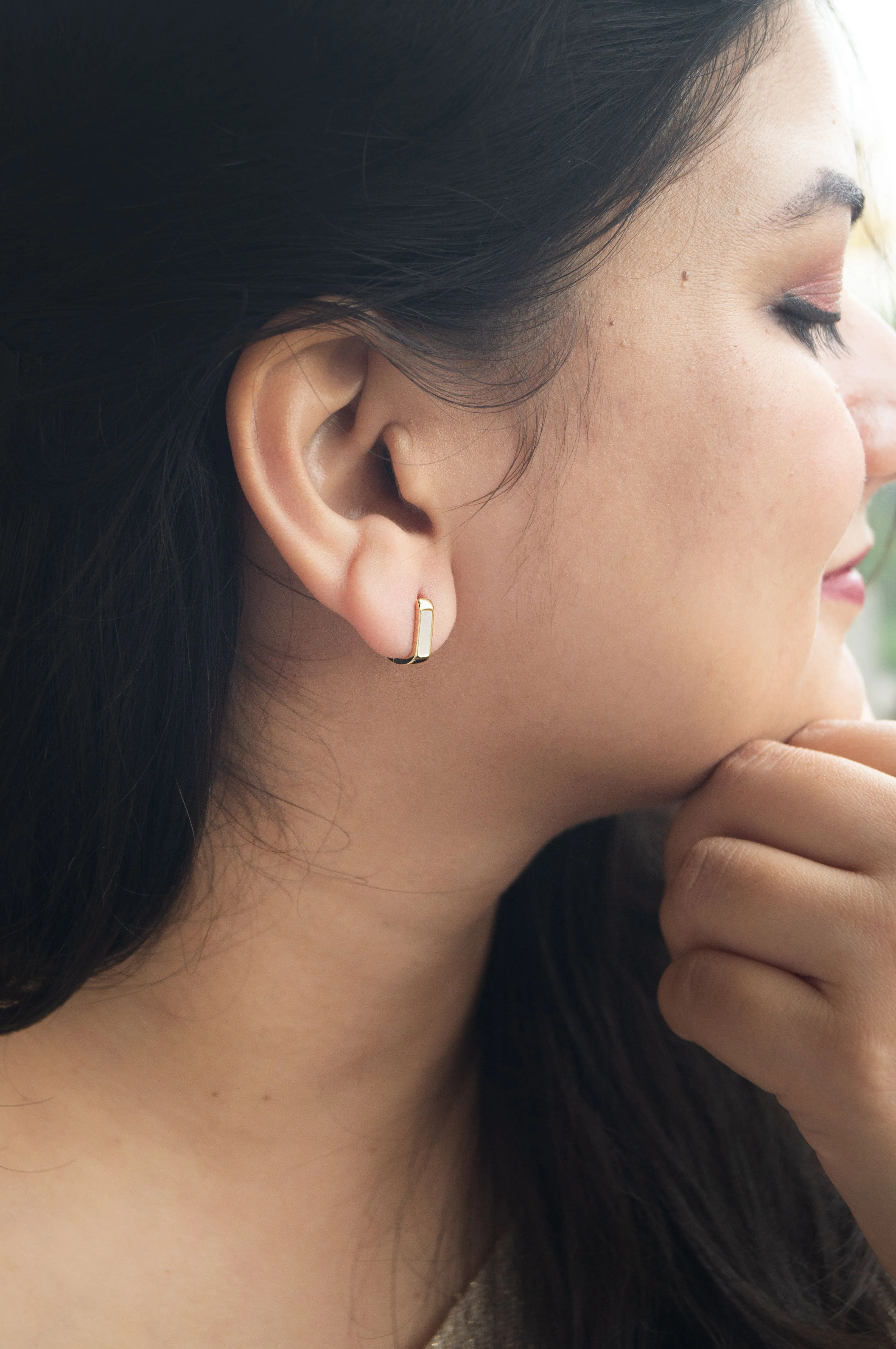 Classic Linear Mother Of Pearl Gold Plated Sterling Silver Hoop Earrings