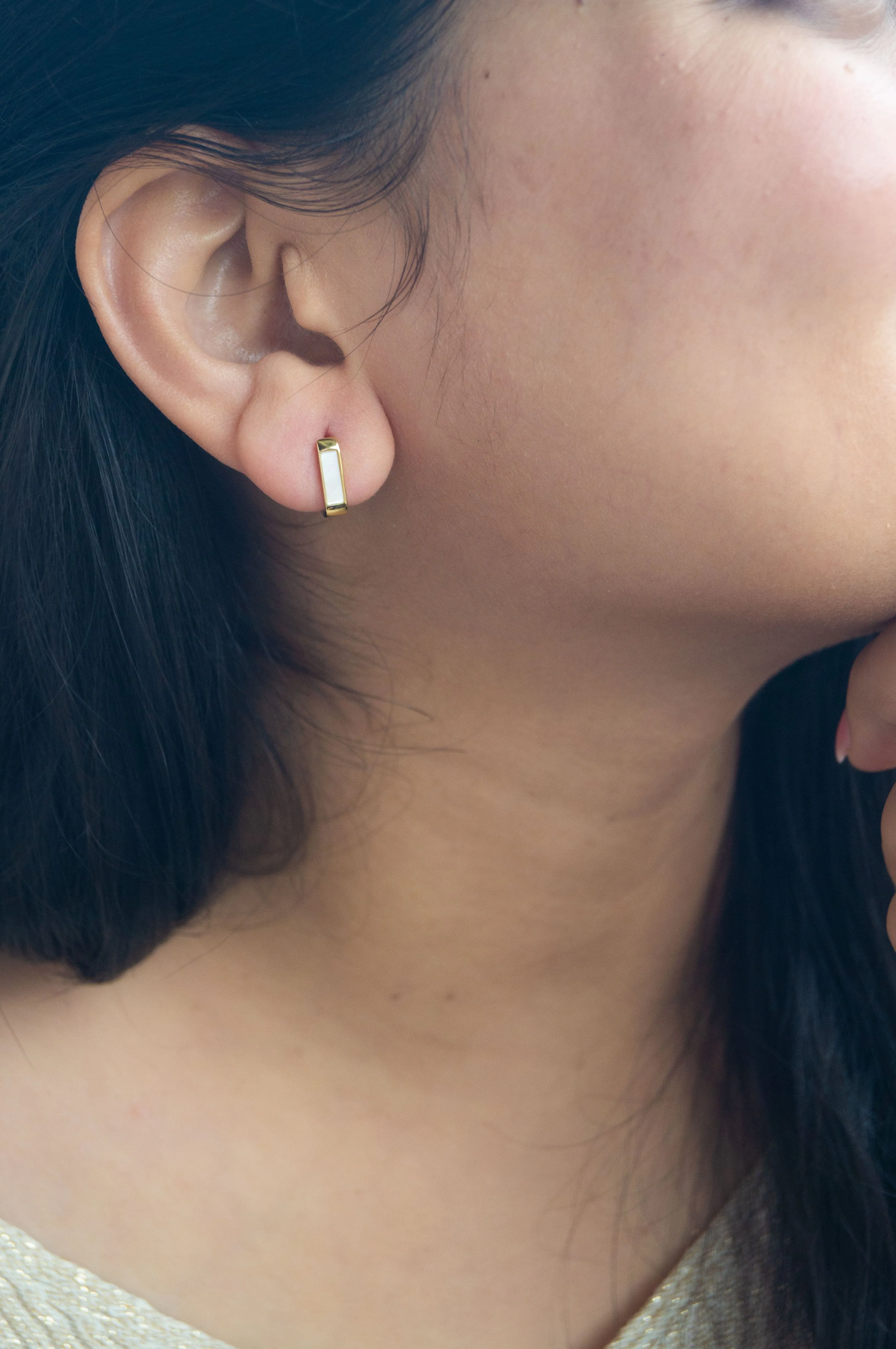 Classic Linear Mother Of Pearl Gold Plated Sterling Silver Hoop Earrings