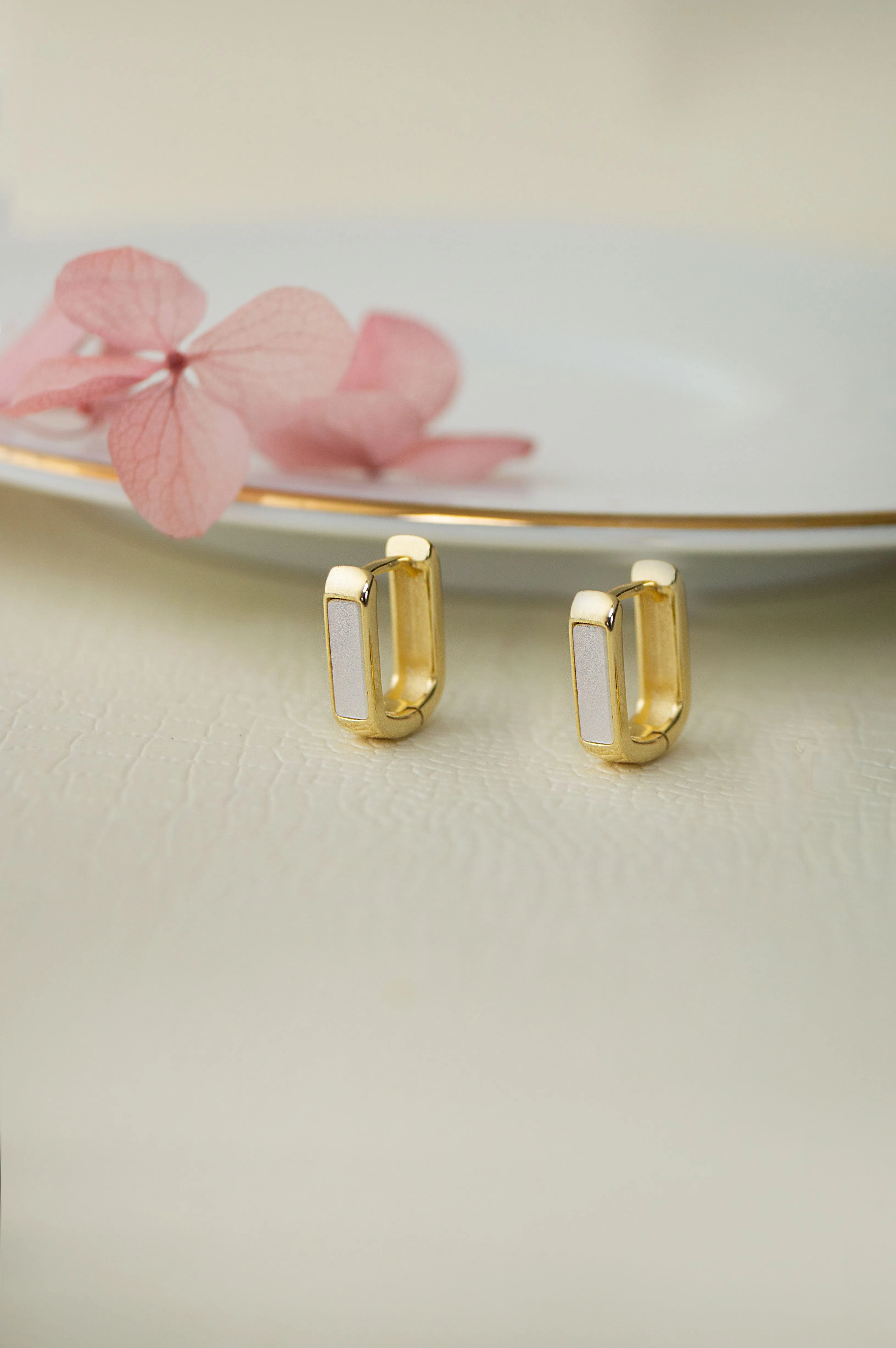 Classic Linear Mother Of Pearl Gold Plated Sterling Silver Hoop Earrings