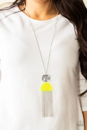 Color Me NEON - Yellow - Acrylic and Silver Frame Chain Tassel Paparazzi Long Necklace
