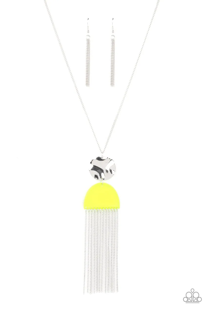 Color Me NEON - Yellow - Acrylic and Silver Frame Chain Tassel Paparazzi Long Necklace