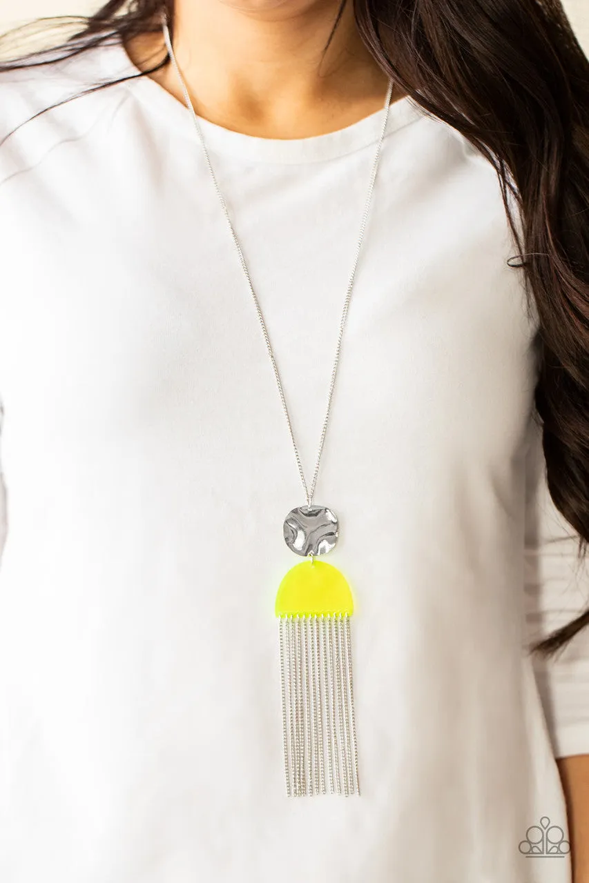 Color Me NEON - Yellow - Acrylic and Silver Frame Chain Tassel Paparazzi Long Necklace