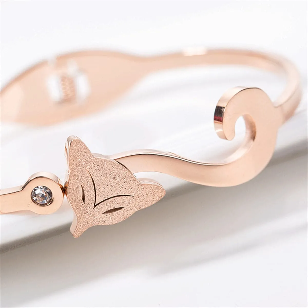 Cubic Zirconia & 18K Rose Gold-Plated Frosted Fox Bangle