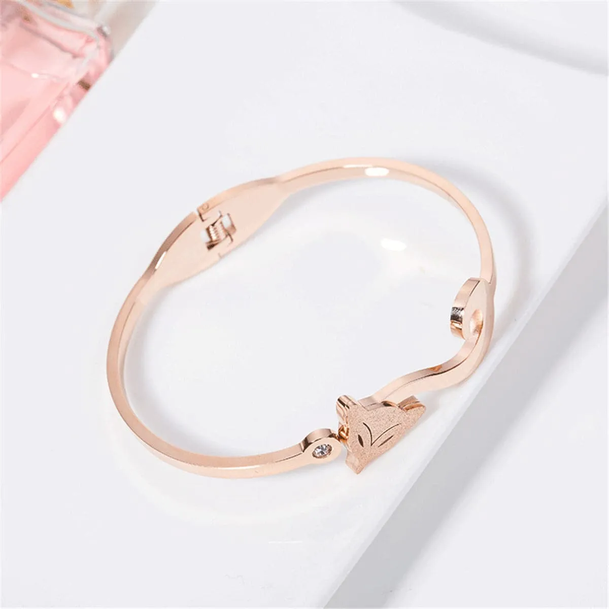 Cubic Zirconia & 18K Rose Gold-Plated Frosted Fox Bangle