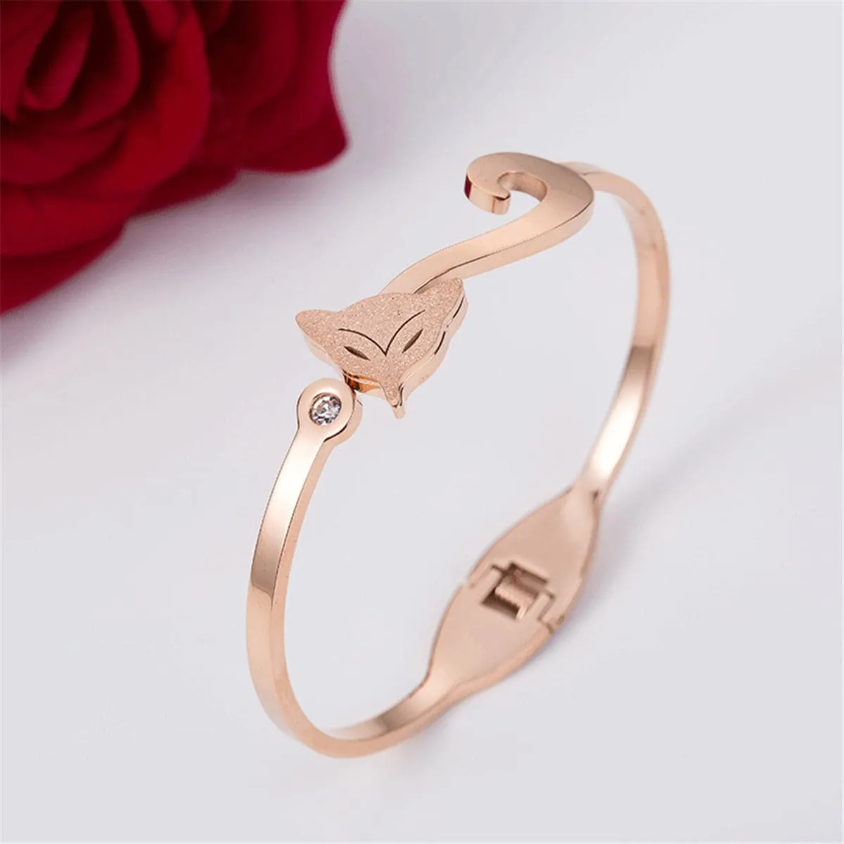 Cubic Zirconia & 18K Rose Gold-Plated Frosted Fox Bangle