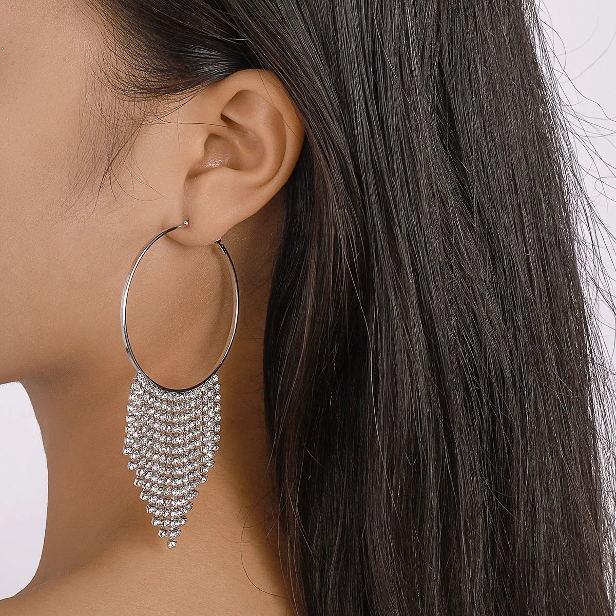 Cubic Zirconia & Silver-Plated Tassel Hoop Earrings