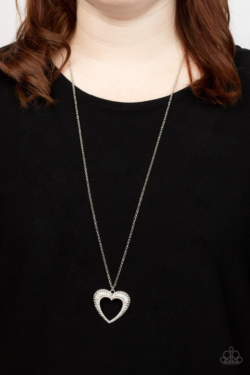 Cupid Charisma - White - Rhinestone Encrusted Heart Paparazzi Long Necklace