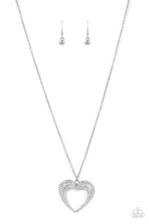 Cupid Charisma - White - Rhinestone Encrusted Heart Paparazzi Long Necklace