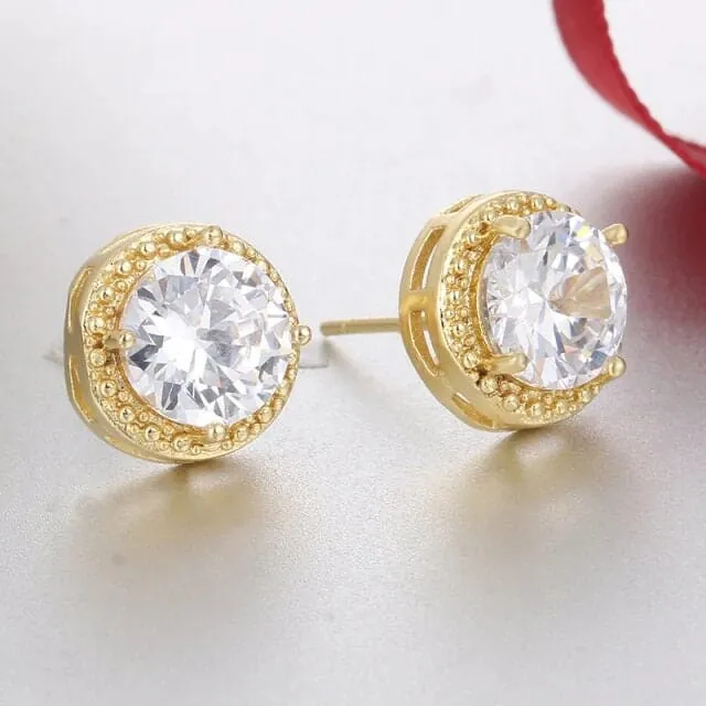 CZ Diamond Solitaire Crystal Ear Studs, Bridal Round Stud Earrings, Wedding Crystal Earrings or Necklace for Bridesmaids