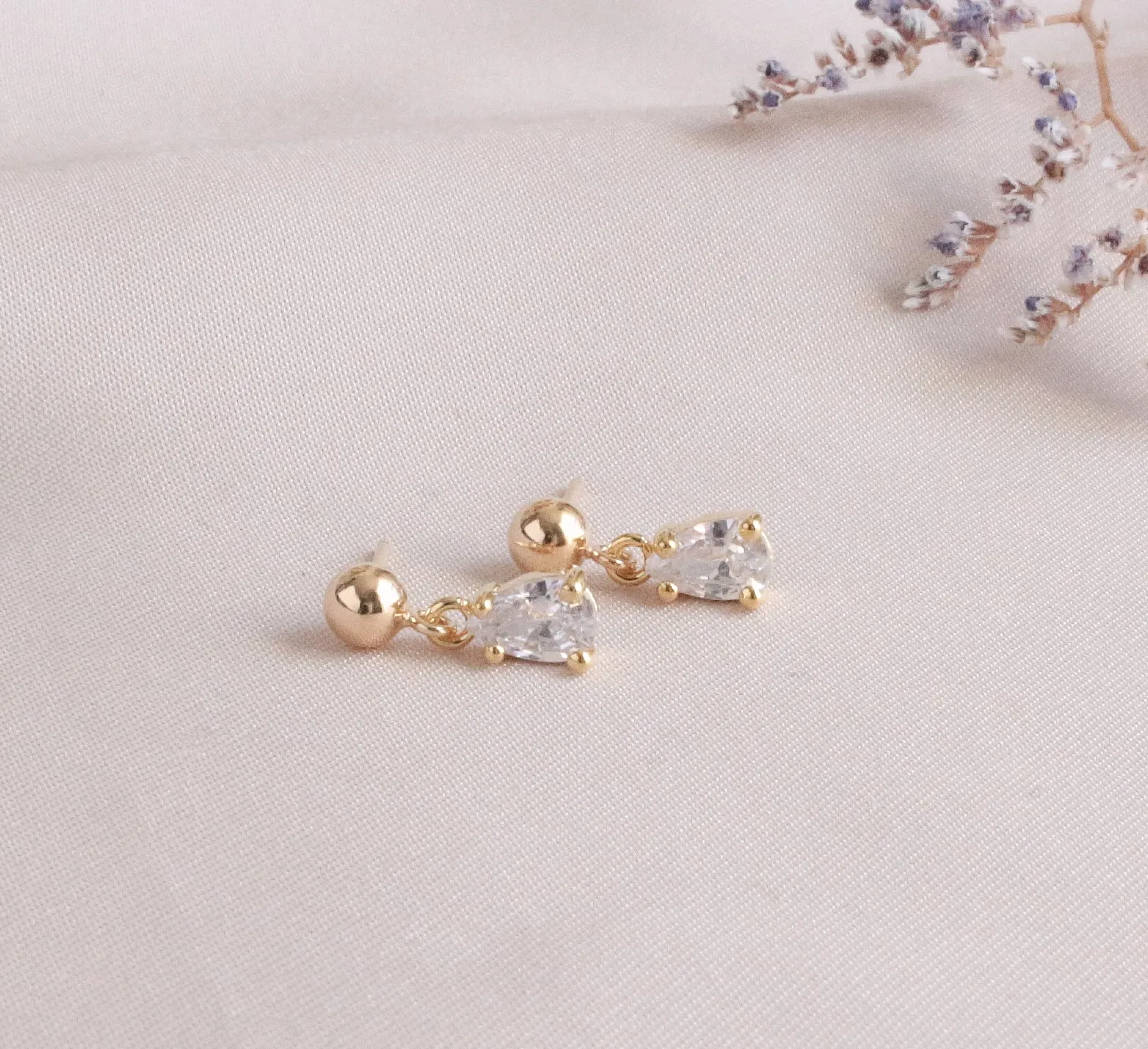 Dainty Gold Tiny Crystal Teardrop Post Earring