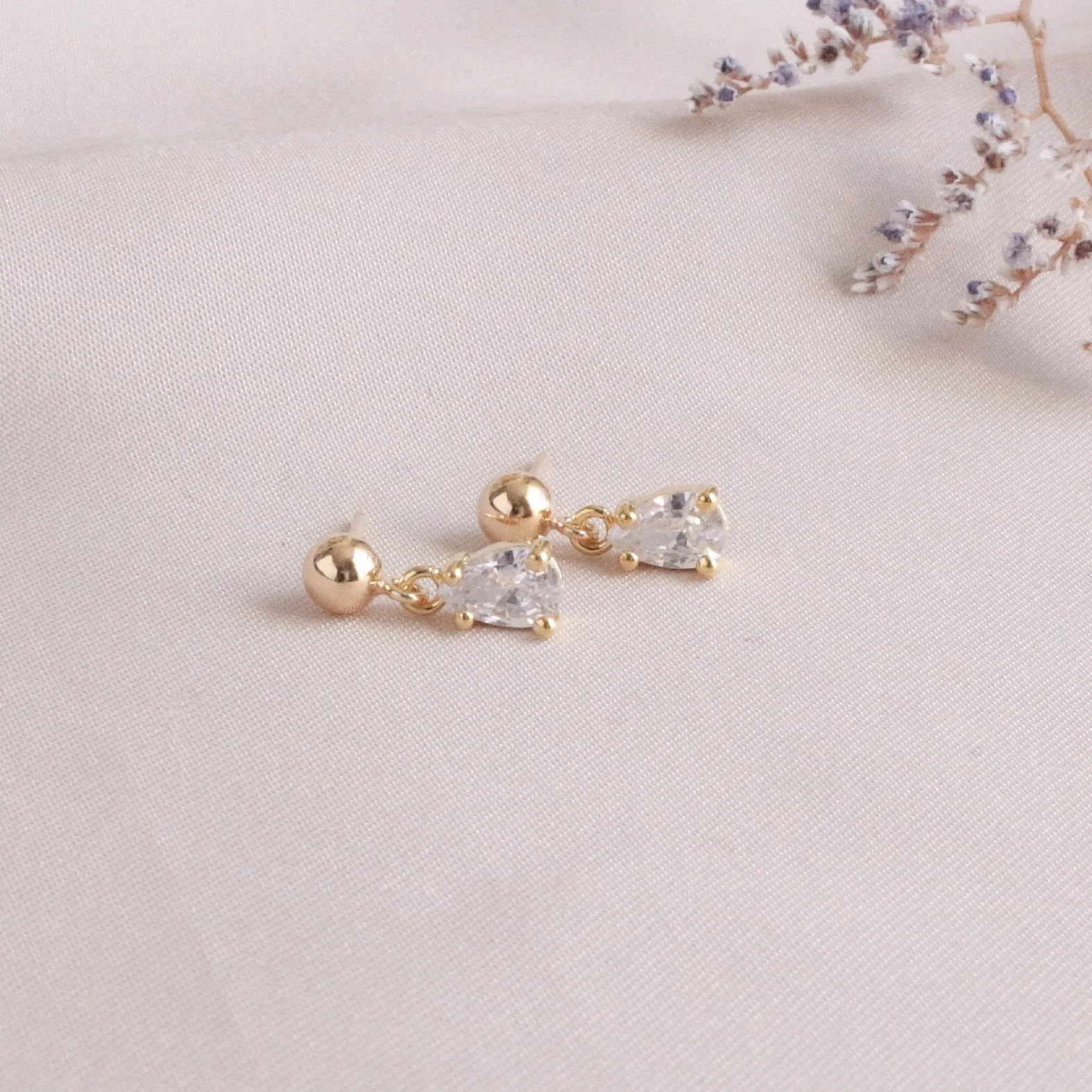 Dainty Gold Tiny Crystal Teardrop Post Earring