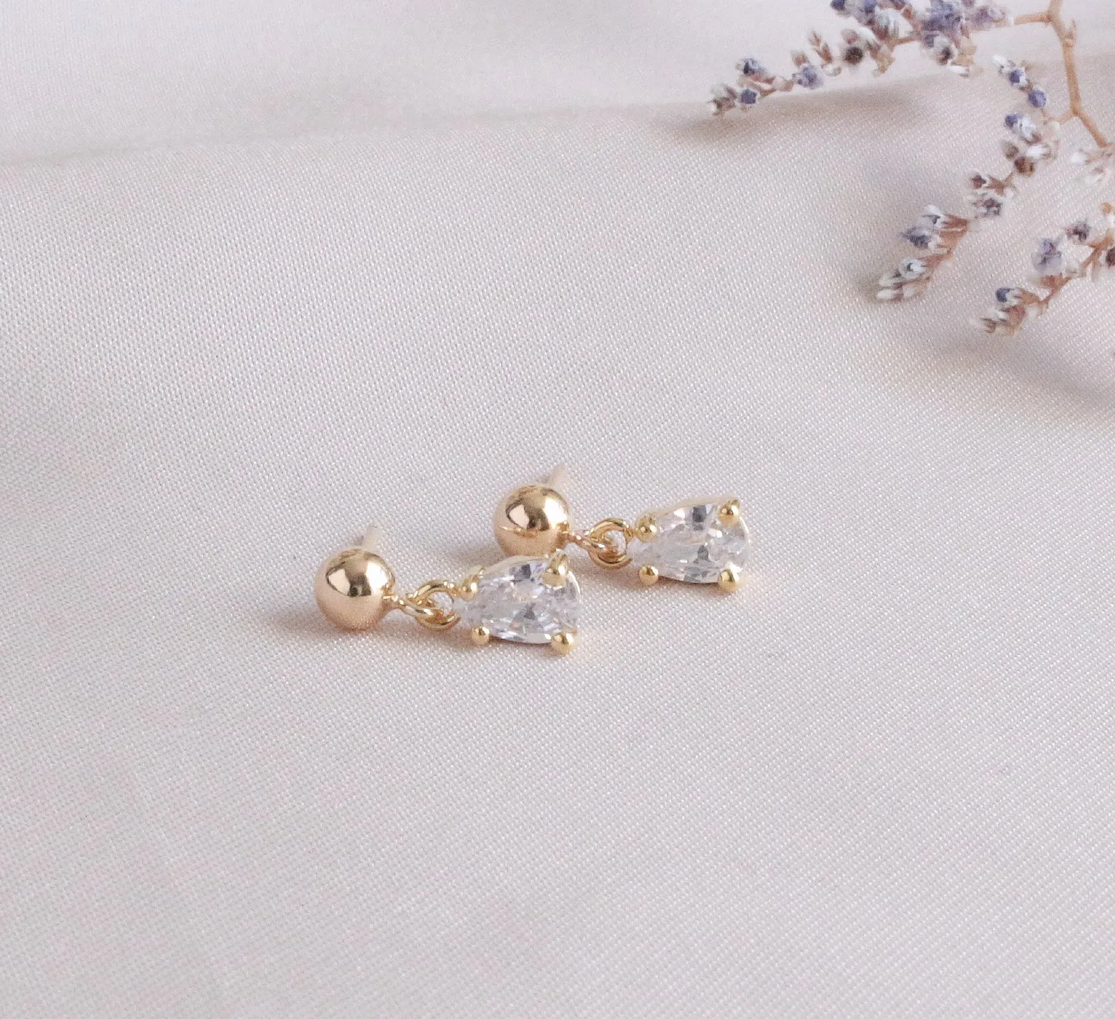 Dainty Gold Tiny Crystal Teardrop Post Earring