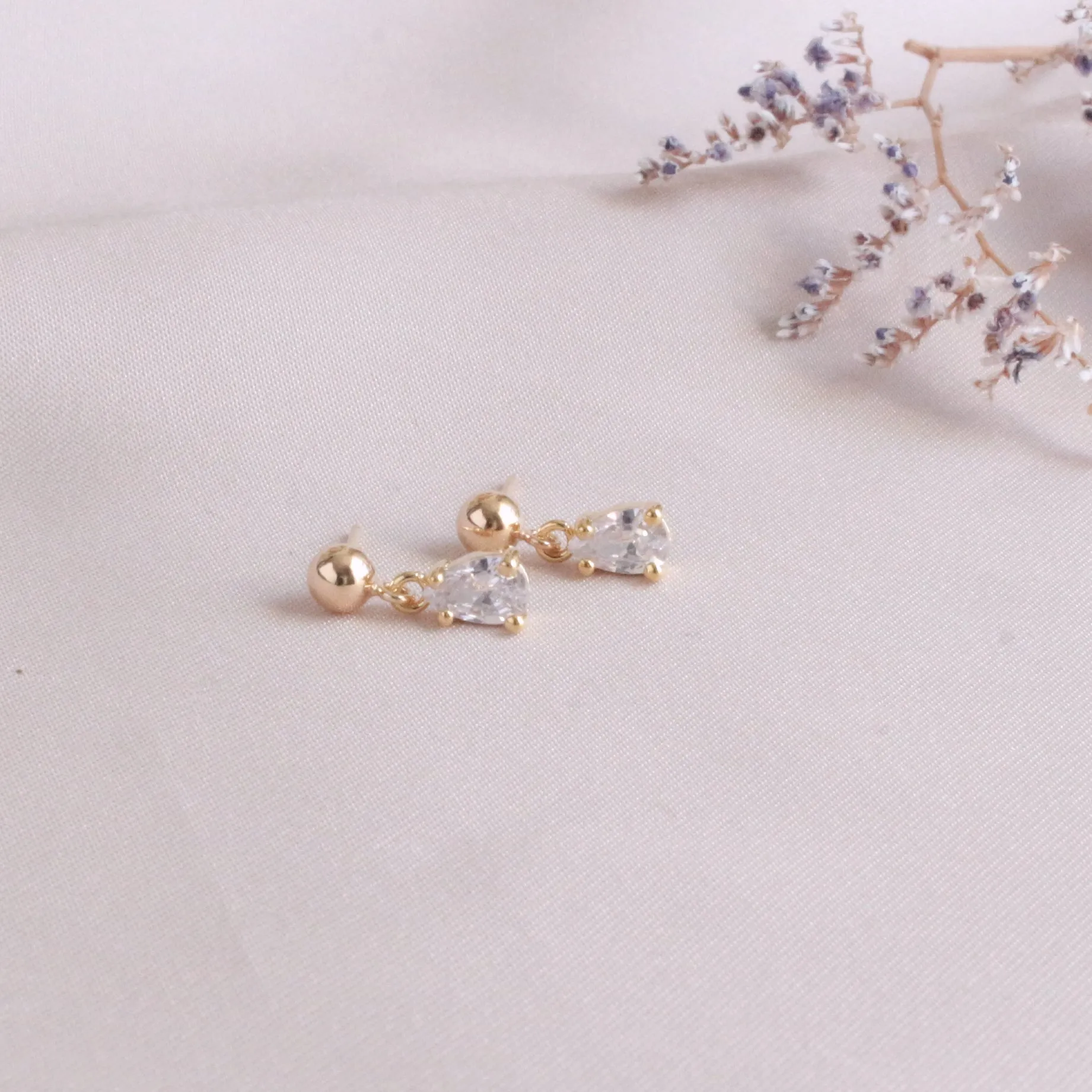 Dainty Gold Tiny Crystal Teardrop Post Earring