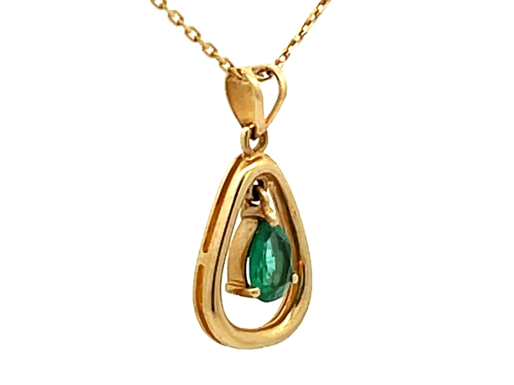 Dangly Pear Shaped Emerald Necklace 14K Yellow Gold