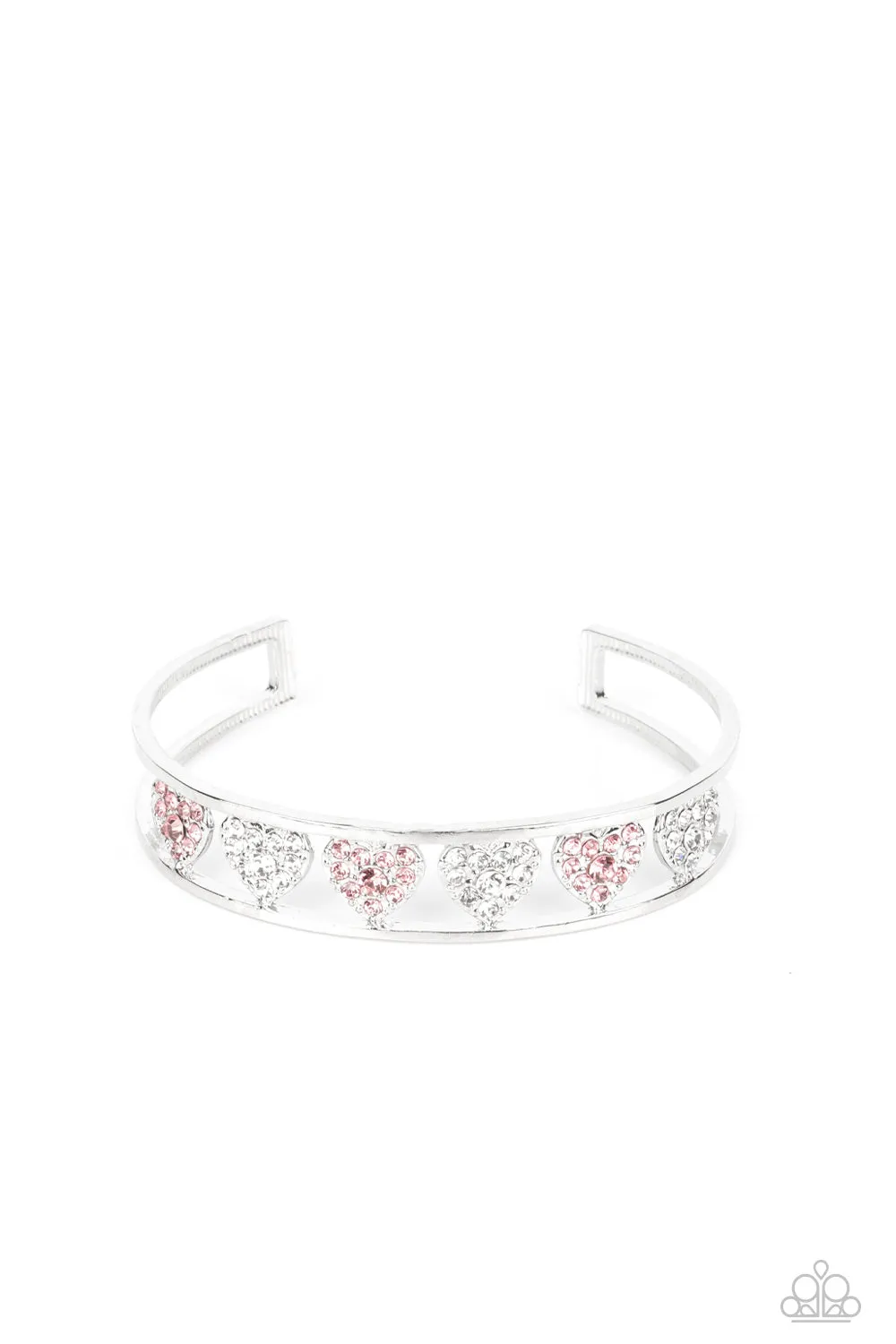 Decadent Devotion - Pink - and White Rhinestone Heart Paparazzi Cuff Bracelet