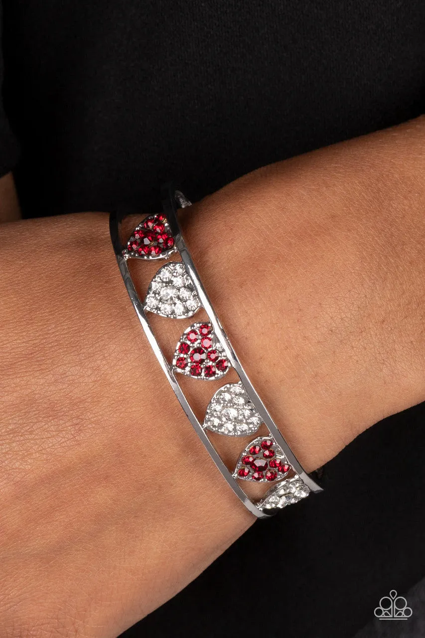 Decadent Devotion - Red - and White Rhinestone Heart Paparazzi Cuff Bracelet