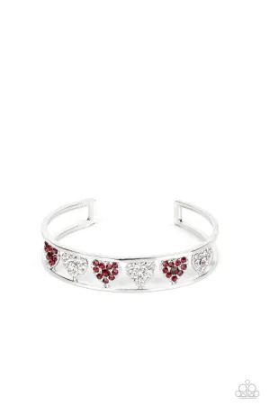 Decadent Devotion - Red - and White Rhinestone Heart Paparazzi Cuff Bracelet
