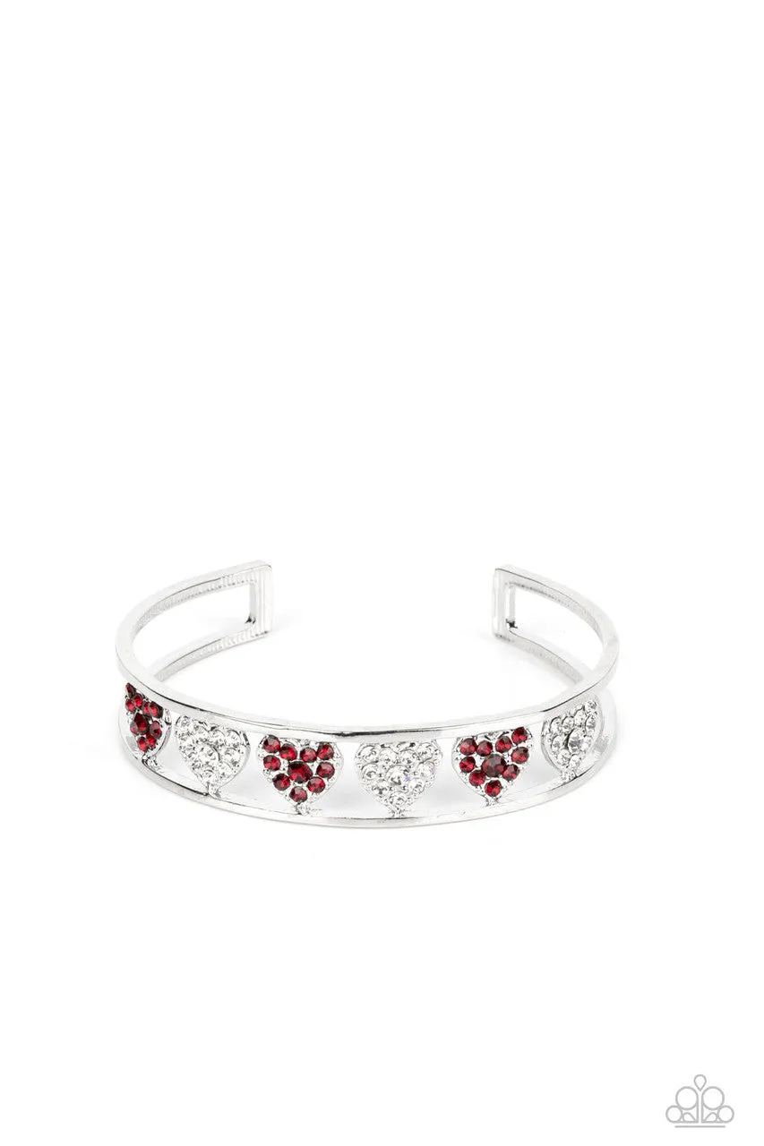 Decadent Devotion - Red - and White Rhinestone Heart Paparazzi Cuff Bracelet