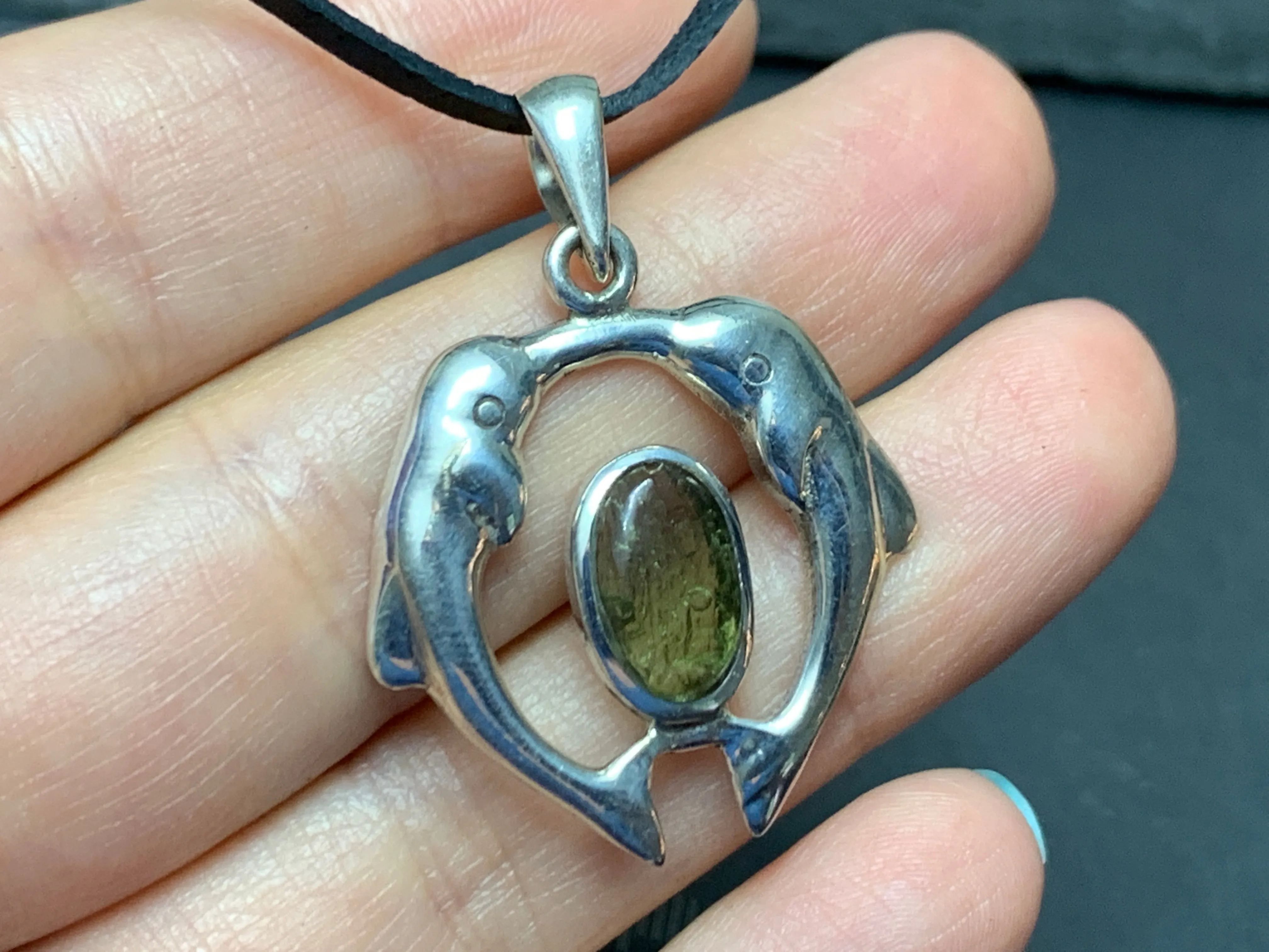 Dolphins - Sterling Silver Moldavite pendant 5.4gr