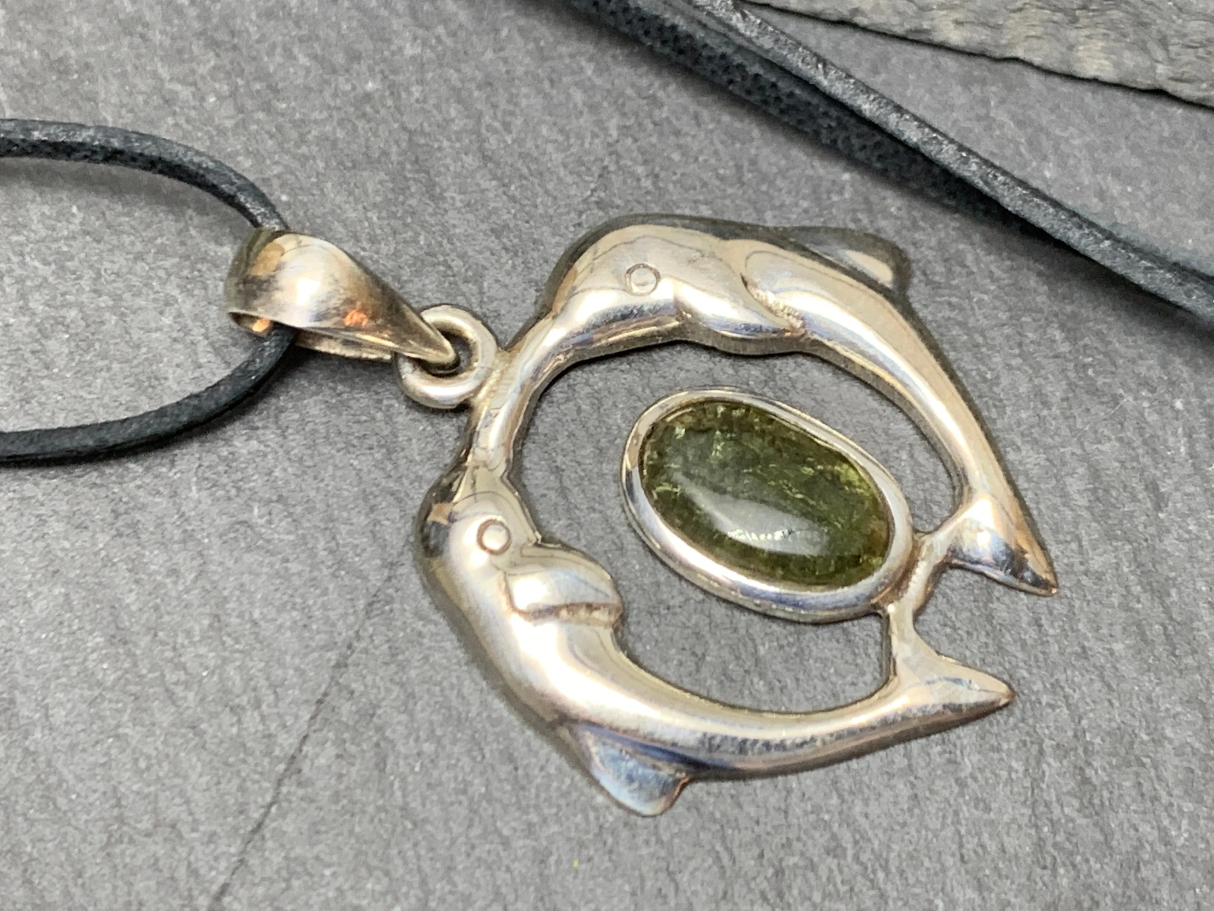 Dolphins - Sterling Silver Moldavite pendant 5.4gr
