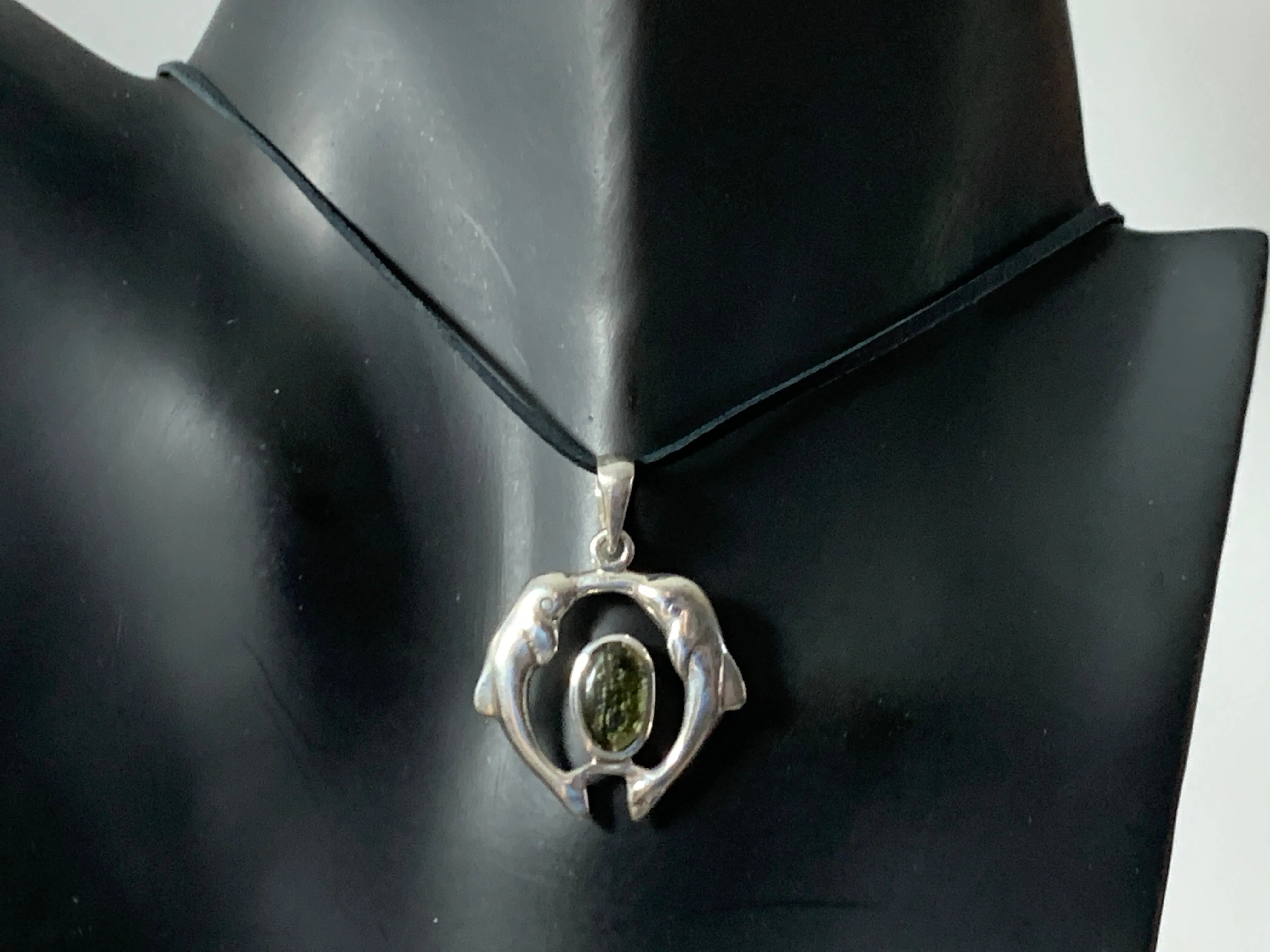 Dolphins - Sterling Silver Moldavite pendant 5.4gr