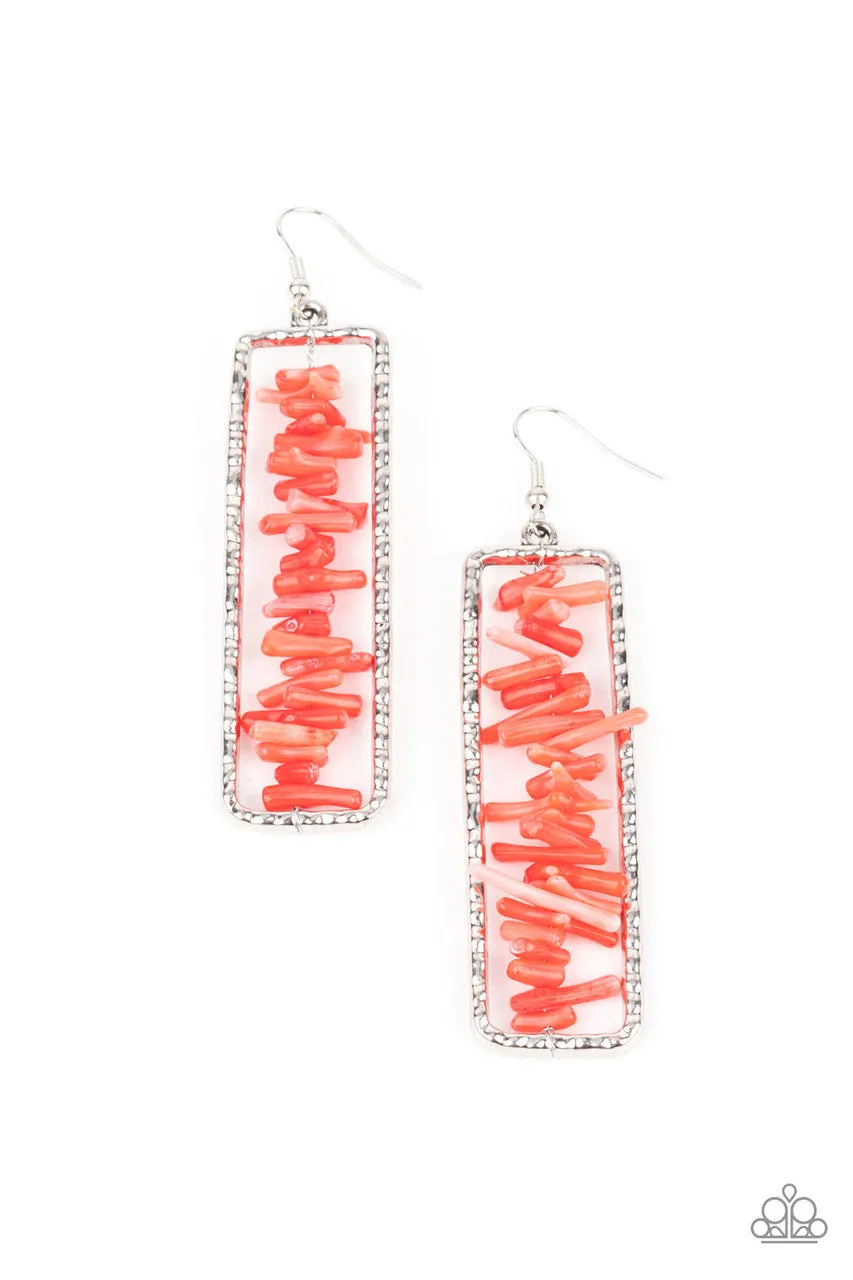 Don't QUARRY, Be Happy - Red - Stone Hammered Silver Rectangular Frame Paparazzi Fishhook Earrings