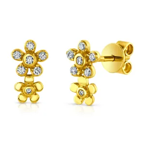 DOUBLE FLOWER BEZEL CENTER DIAMOND STUDS, 14kt Gold