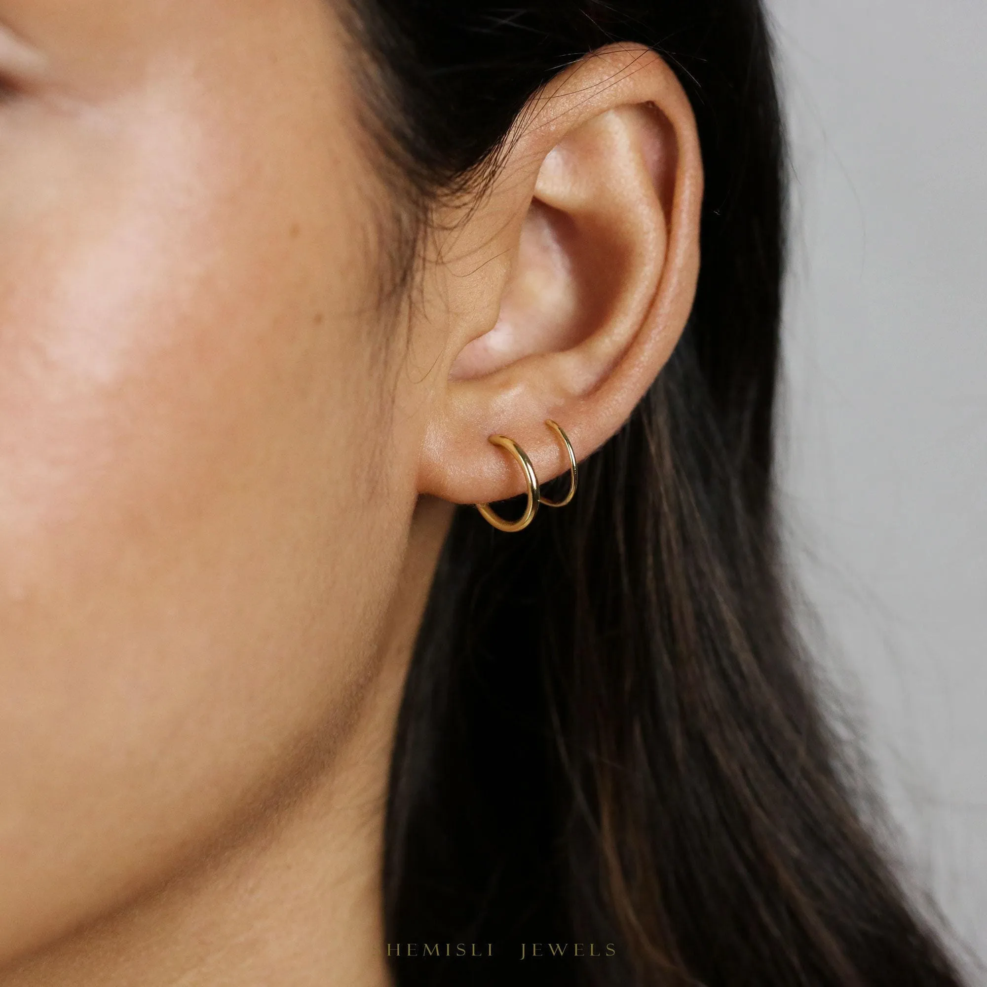Double Hoop Earring - Only 1 Piercing needed, Unisex, Gold, Silver SHEMISLI - SH120 NOBKG LR