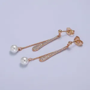Double Linear Drop Clear Micro Paved Cable Chain Pearl Dangle Stud Earrings | AB288
