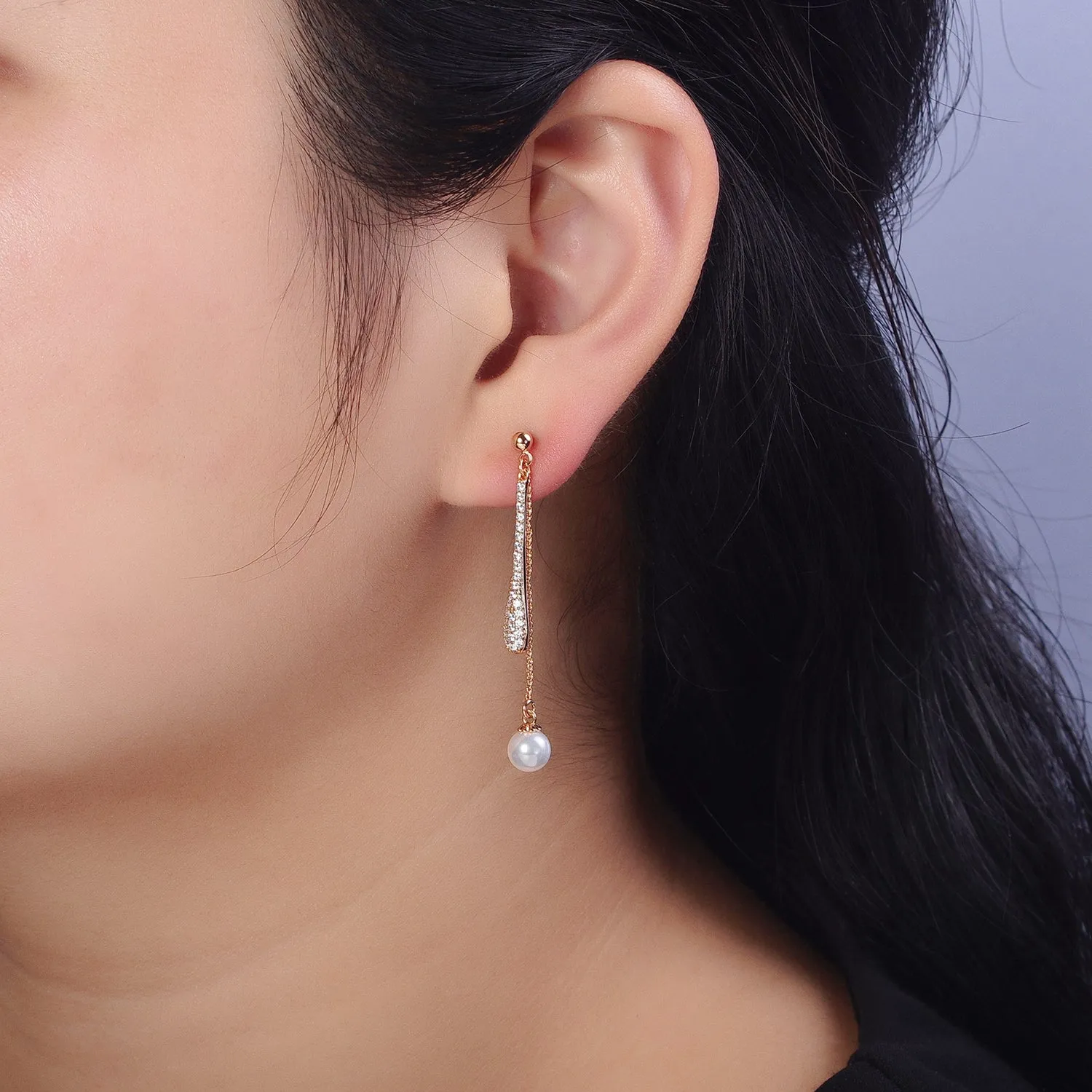 Double Linear Drop Clear Micro Paved Cable Chain Pearl Dangle Stud Earrings | AB288