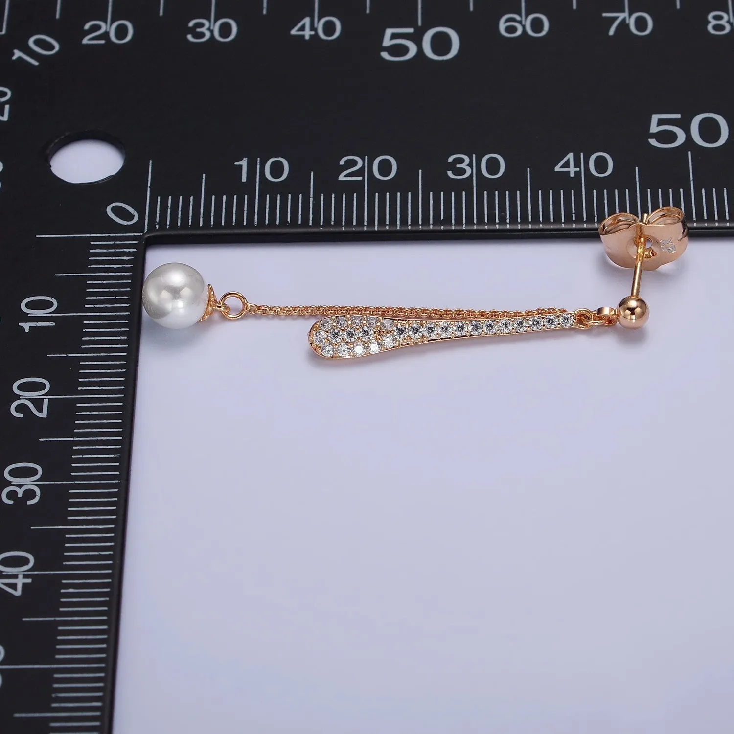 Double Linear Drop Clear Micro Paved Cable Chain Pearl Dangle Stud Earrings | AB288