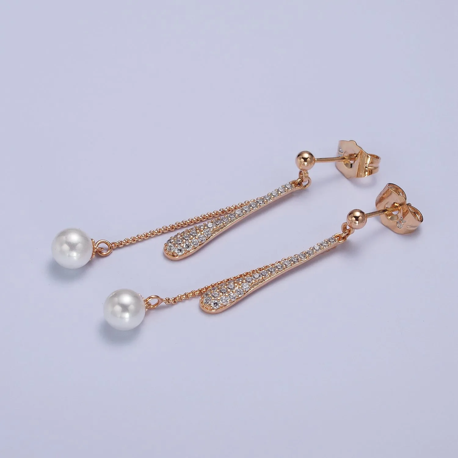 Double Linear Drop Clear Micro Paved Cable Chain Pearl Dangle Stud Earrings | AB288