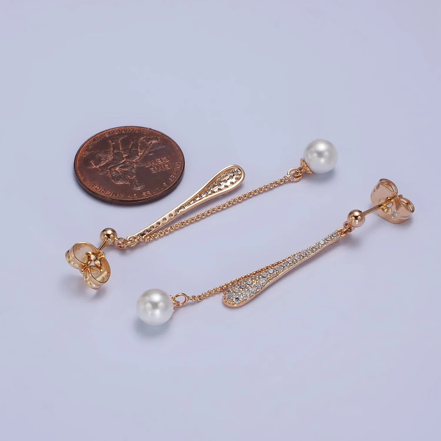 Double Linear Drop Clear Micro Paved Cable Chain Pearl Dangle Stud Earrings | AB288