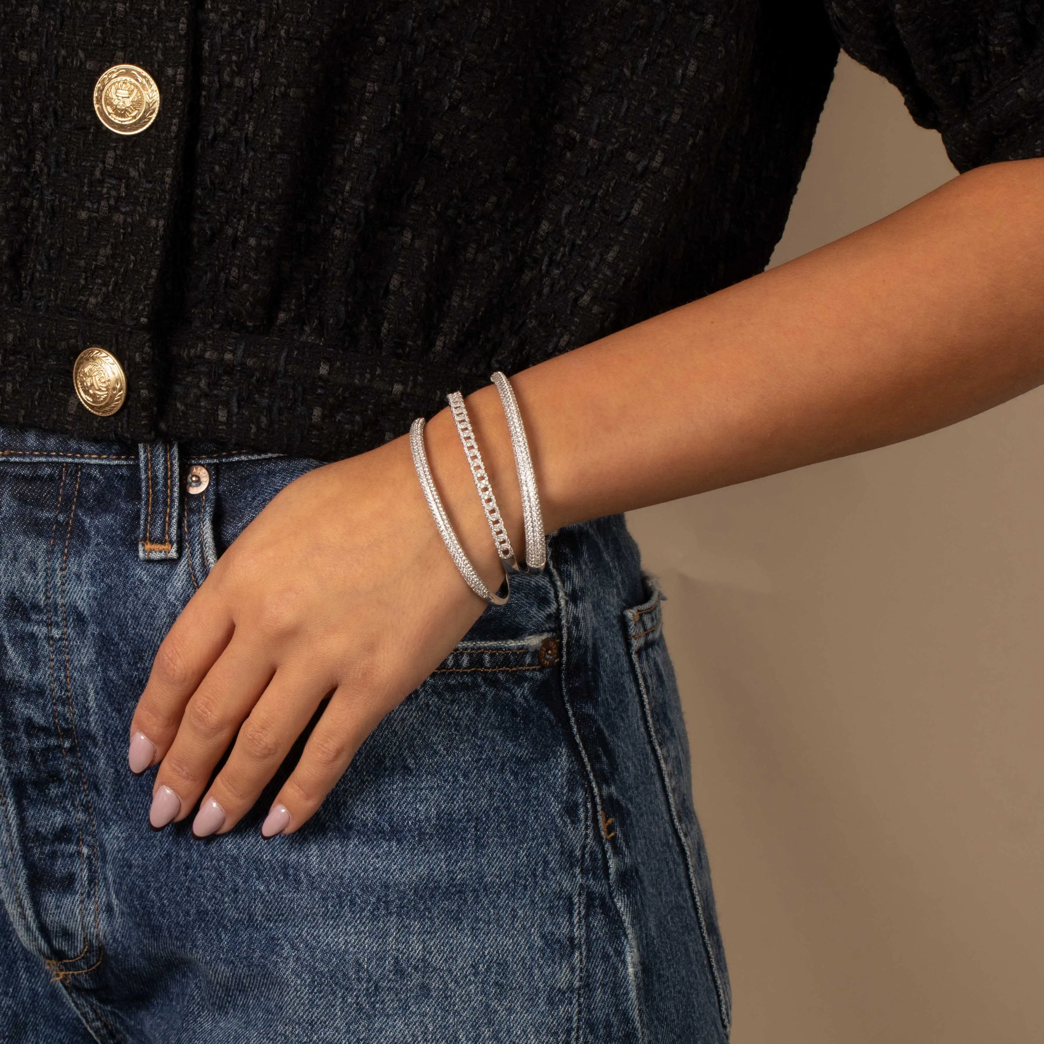 Double Row Pave Open Bangle Bracelet