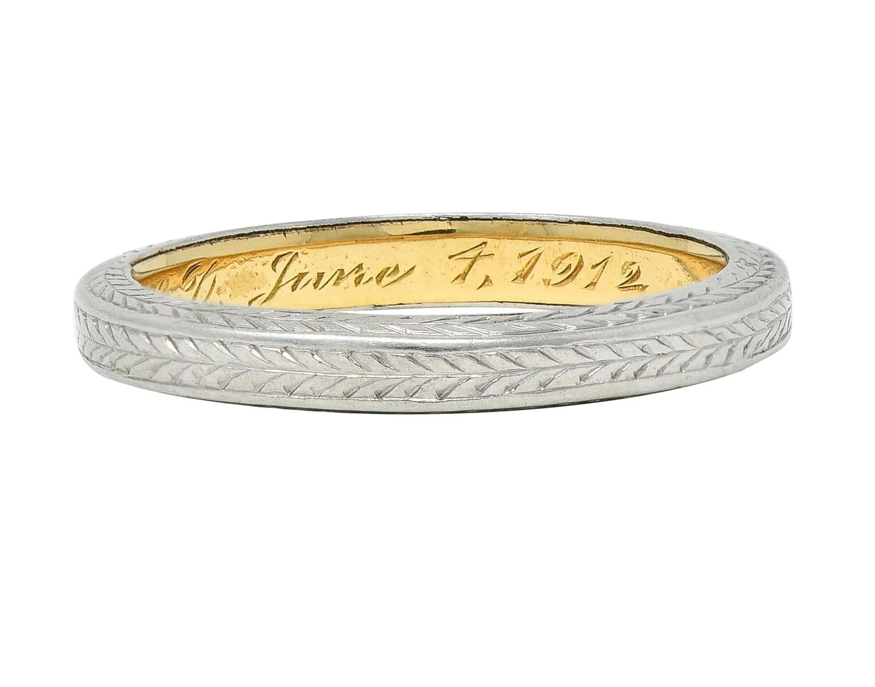 Edwardian 1912 18 Karat Two-Tone Gold Wheat Antique Wedding Band Ring
