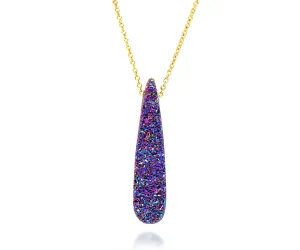Elongated Teardrop Purple Rainbow Druzy 14K Gold Necklace