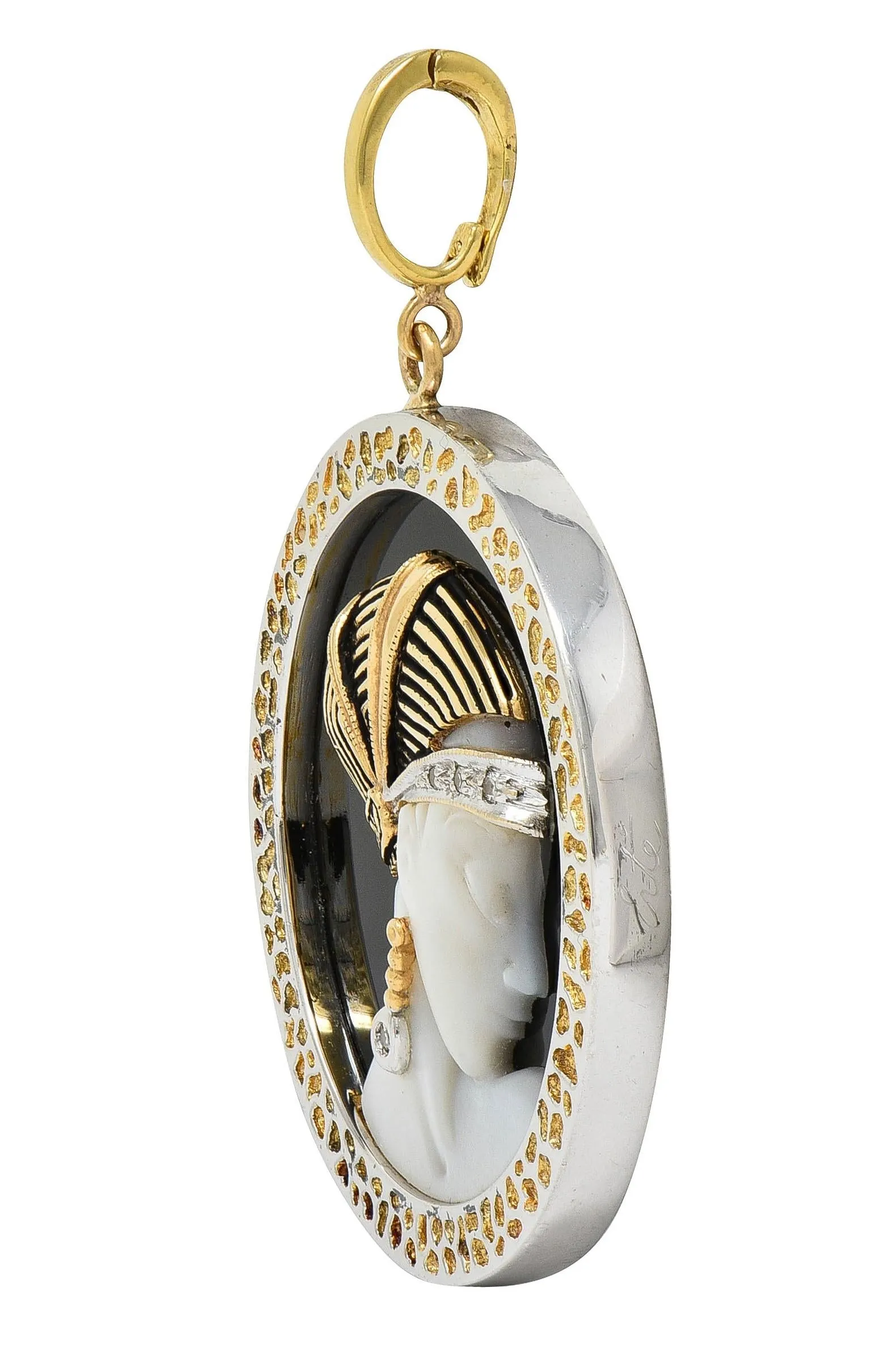 Erté 1980 Diamond Onyx Mother-Of-Pearl 14 Karat Yellow Gold Silver Vintage Love's Enchantment Pendant Brooch