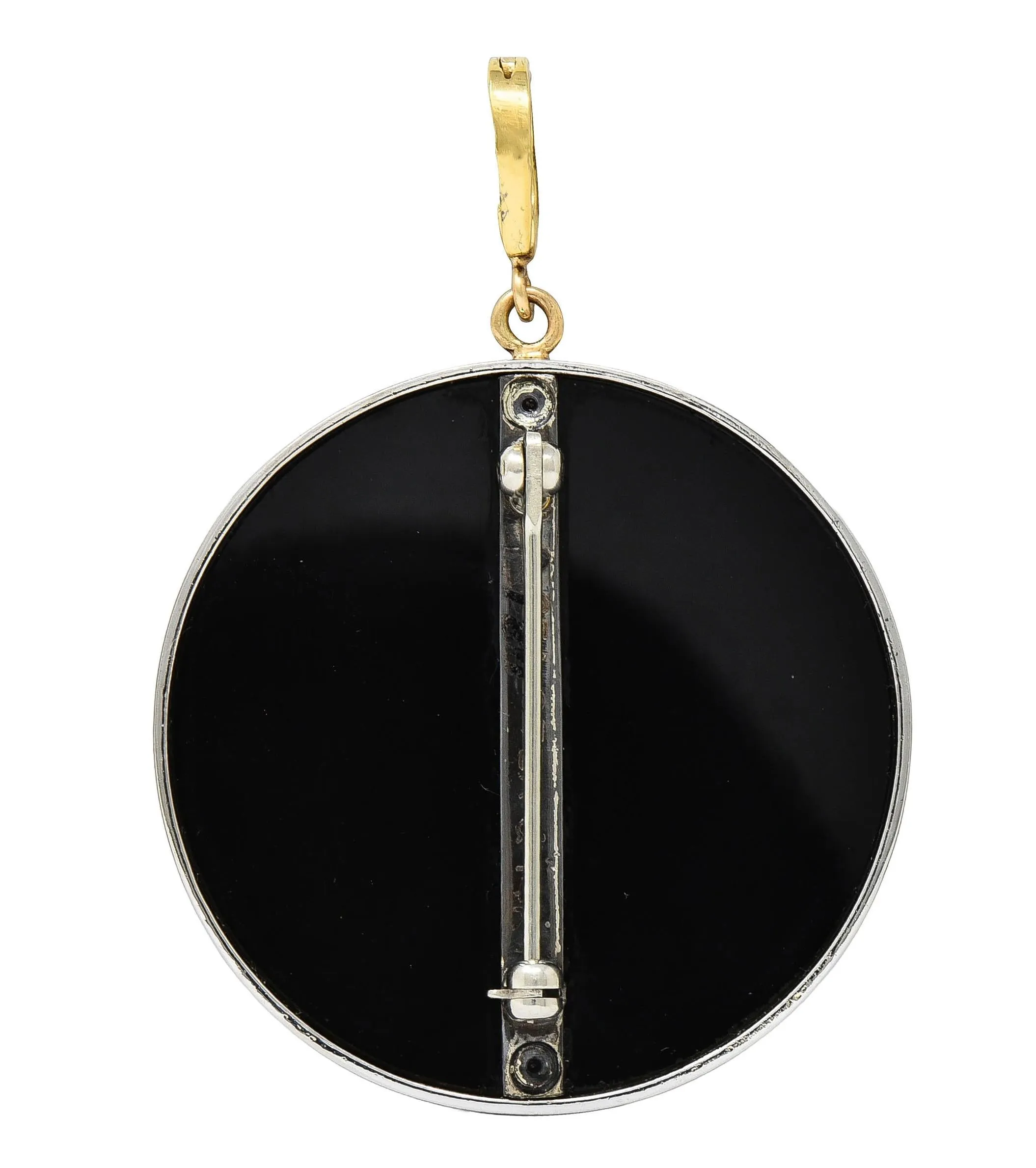 Erté 1980 Diamond Onyx Mother-Of-Pearl 14 Karat Yellow Gold Silver Vintage Love's Enchantment Pendant Brooch