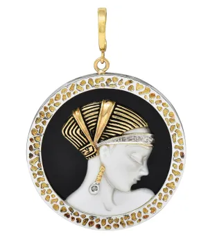 Erté 1980 Diamond Onyx Mother-Of-Pearl 14 Karat Yellow Gold Silver Vintage Love's Enchantment Pendant Brooch