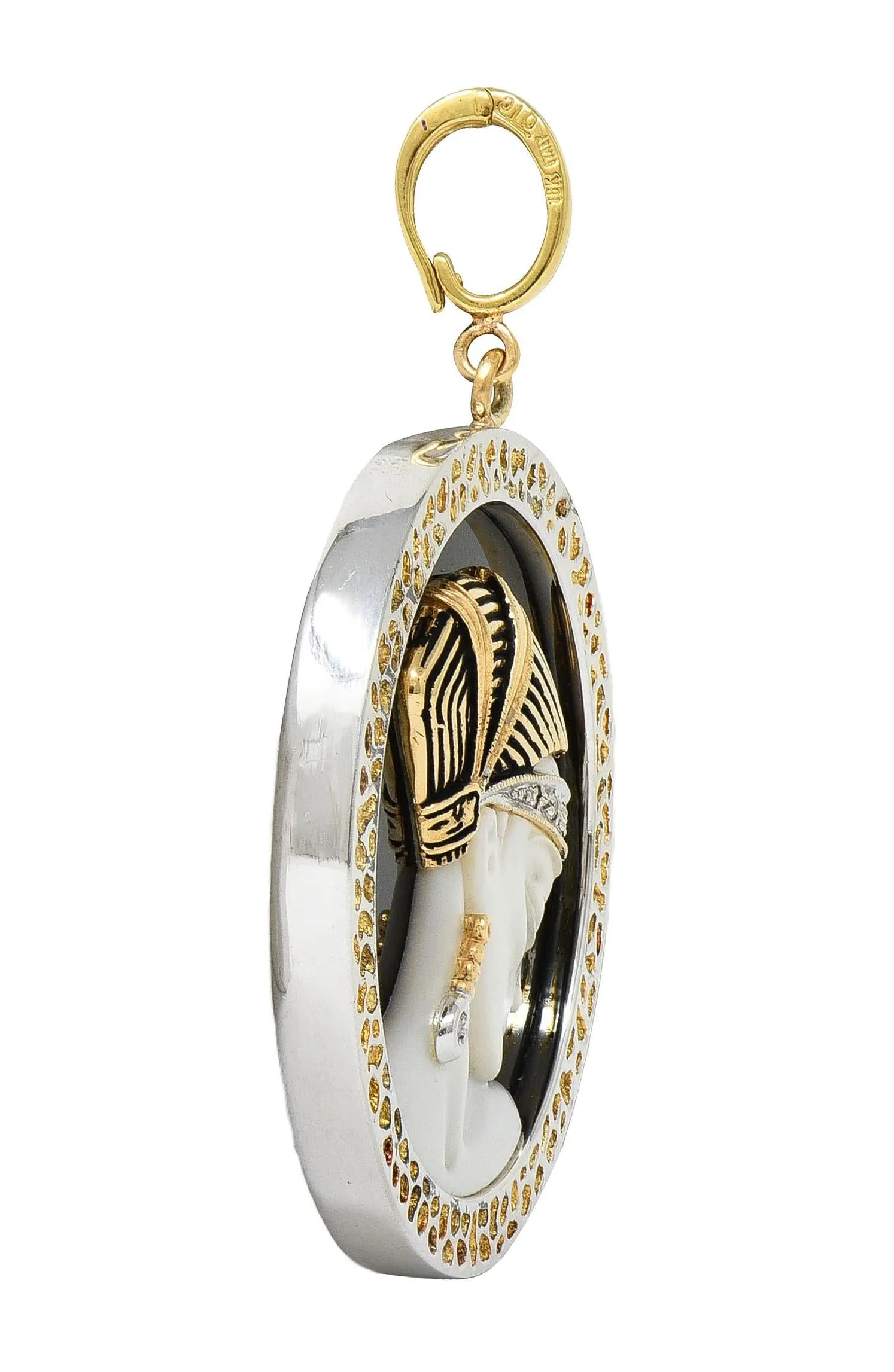 Erté 1980 Diamond Onyx Mother-Of-Pearl 14 Karat Yellow Gold Silver Vintage Love's Enchantment Pendant Brooch