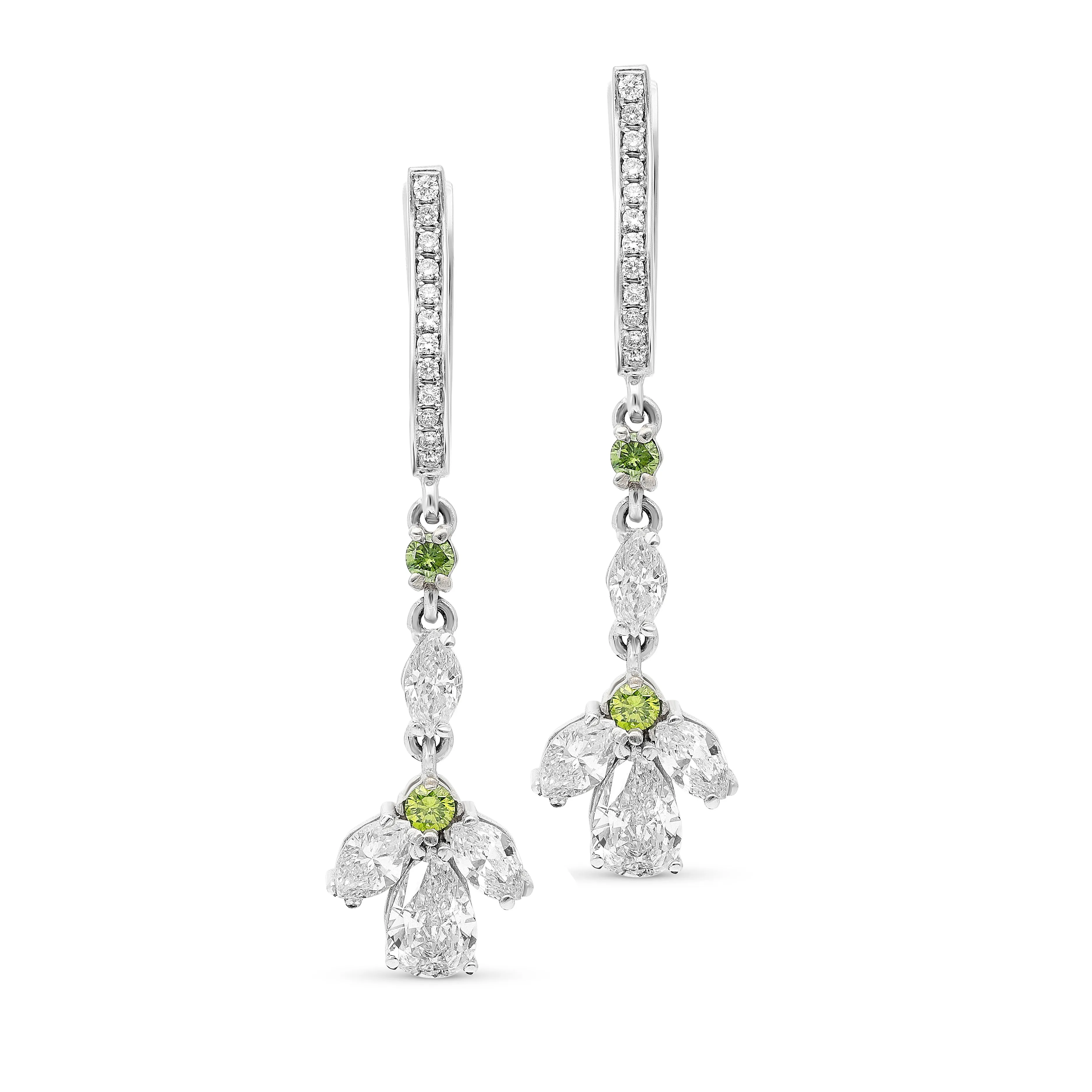 Fancy Green and White Diamond Cluster Flower Drop Earrings