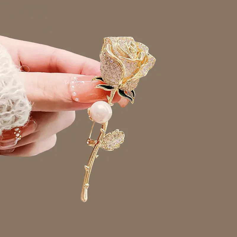 Fashion Pearl Leaf Rhinestone Brooches For Women Elegant Metal Fixed Clothing Pins Daily Jewelry Accessories