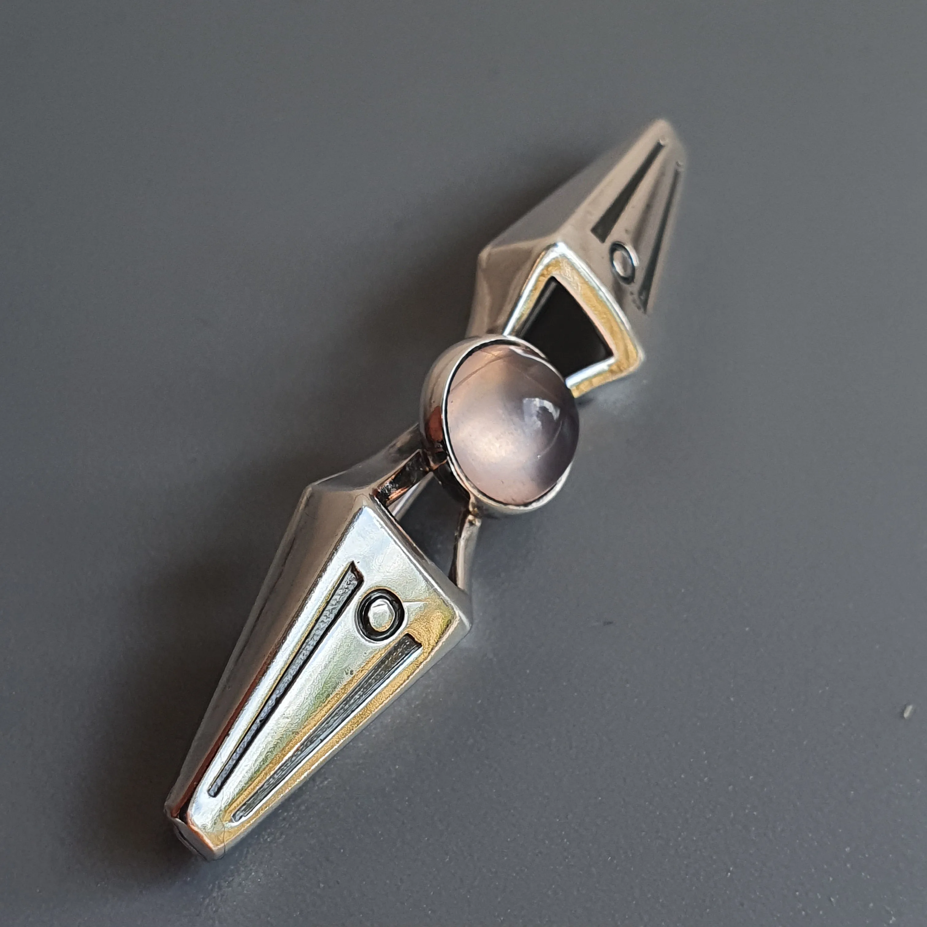 Finnish Modernist Silver & Rose Quartz Brooch by Turun Hopea