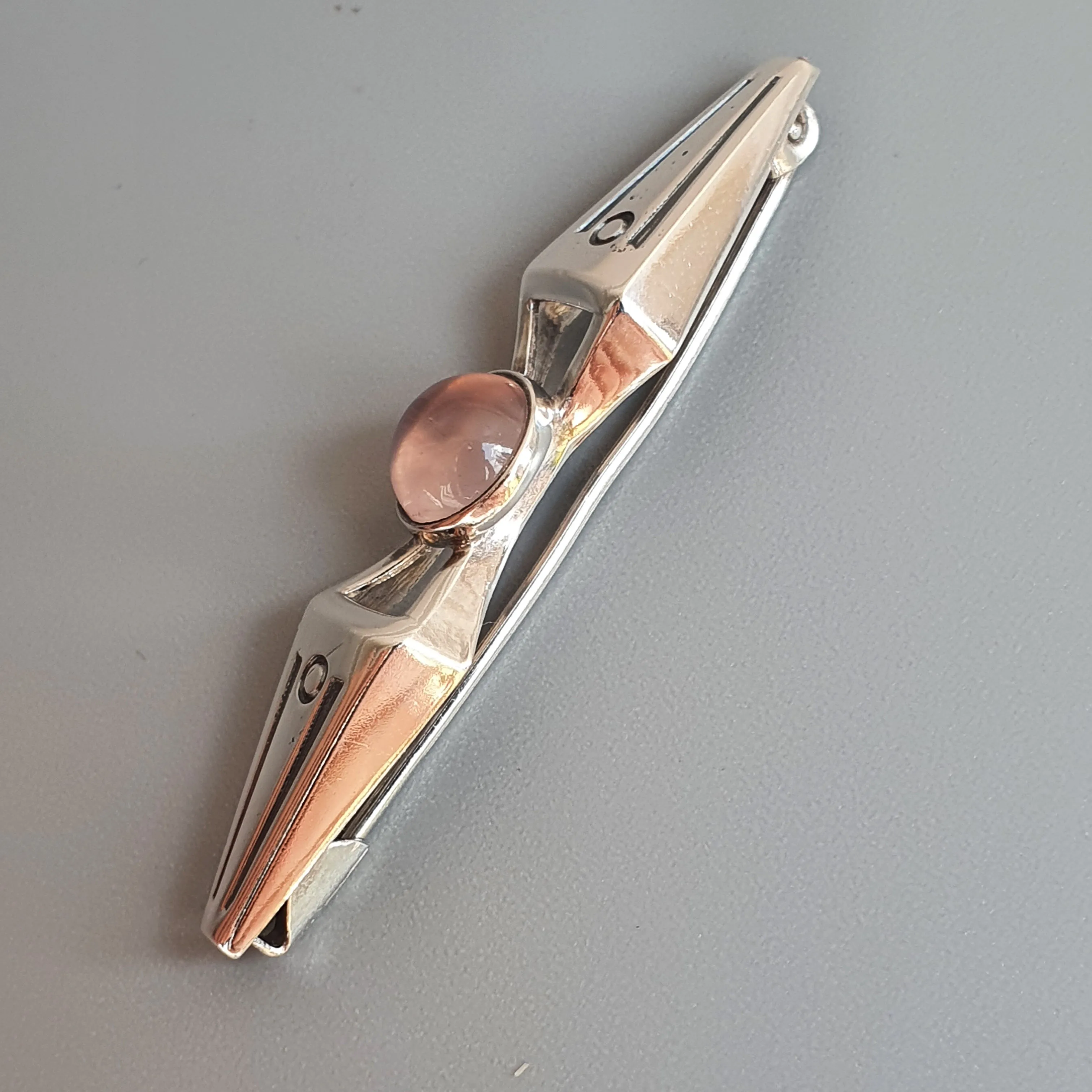 Finnish Modernist Silver & Rose Quartz Brooch by Turun Hopea