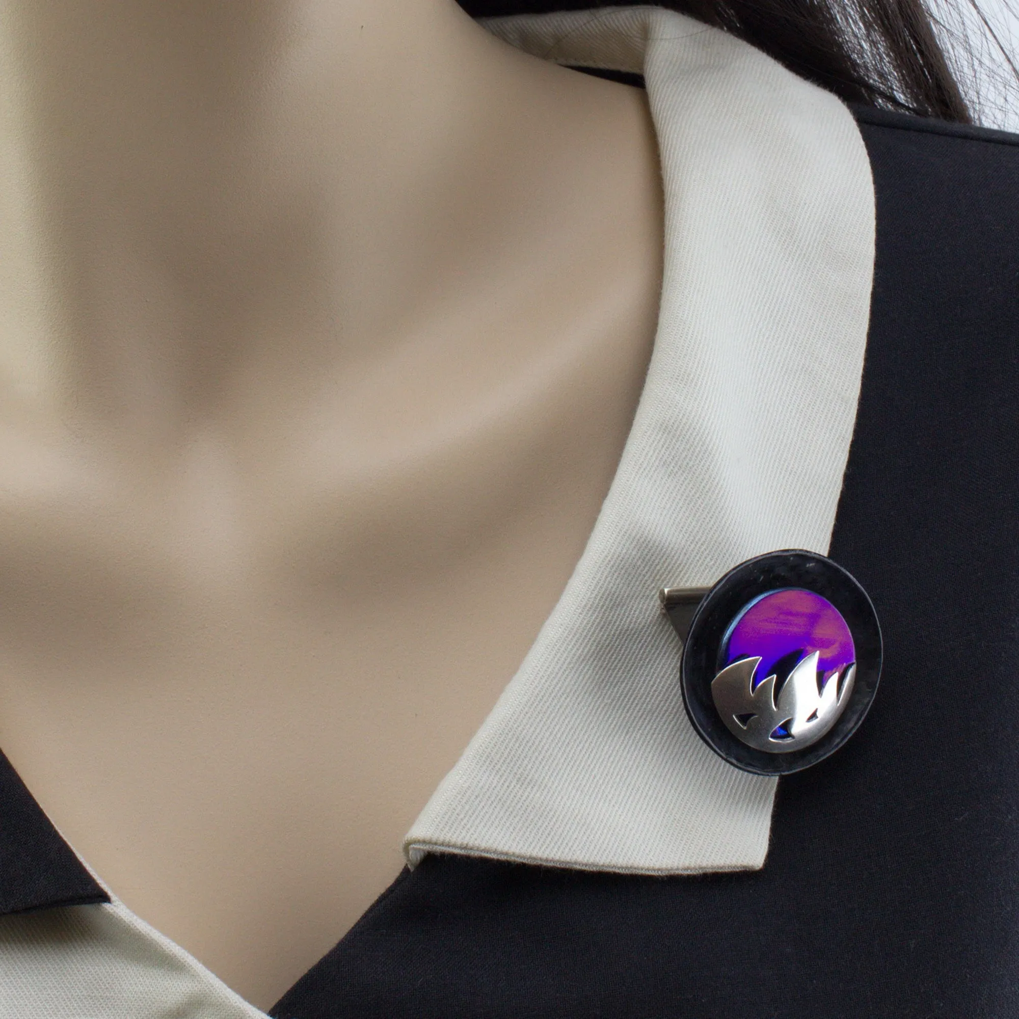 'FLAME' handmade sterling silver, titanium brooch with black carbon fibre