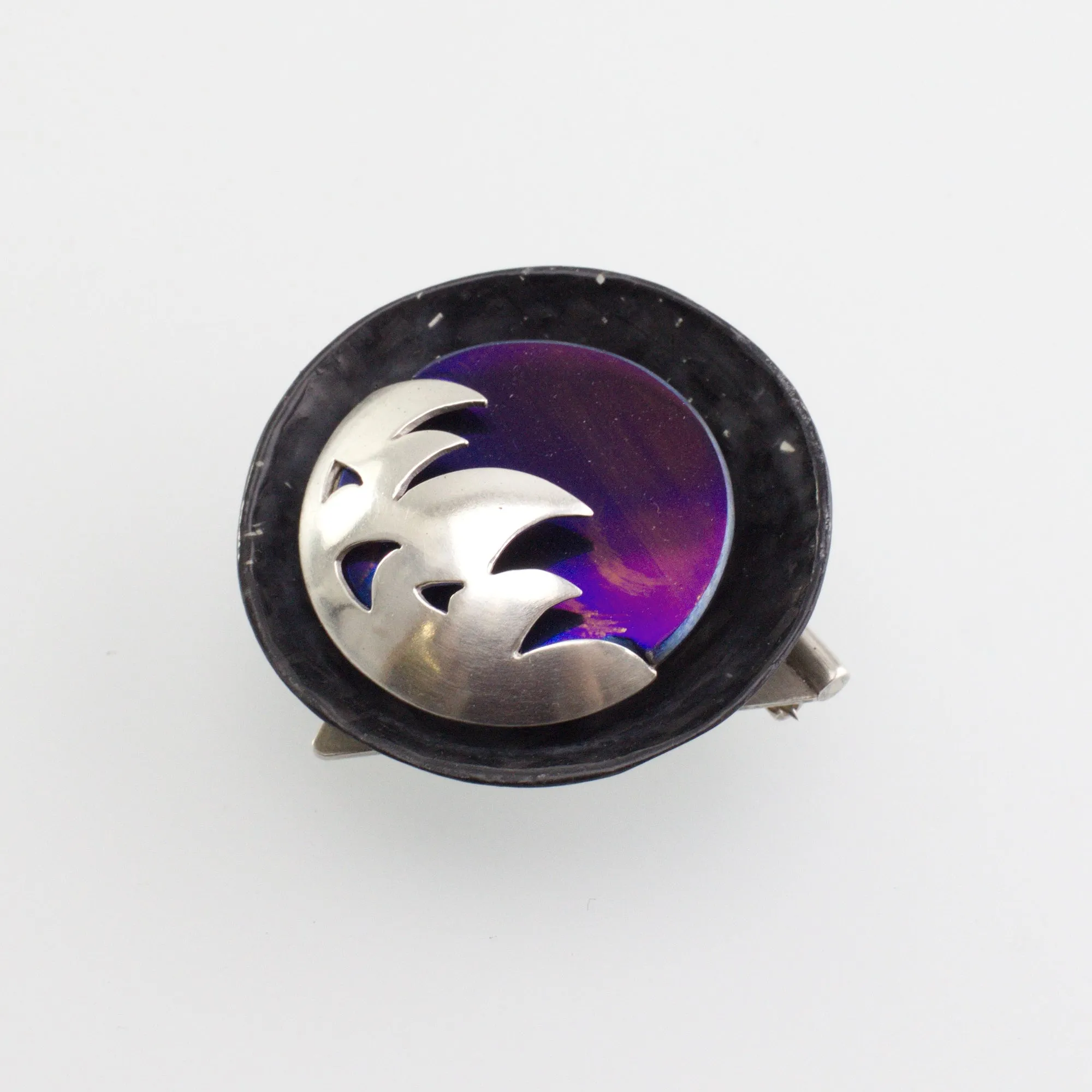 'FLAME' handmade sterling silver, titanium brooch with black carbon fibre
