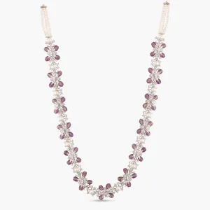 Floral Petal CZ Lavender Beads & Pearl Long Necklace