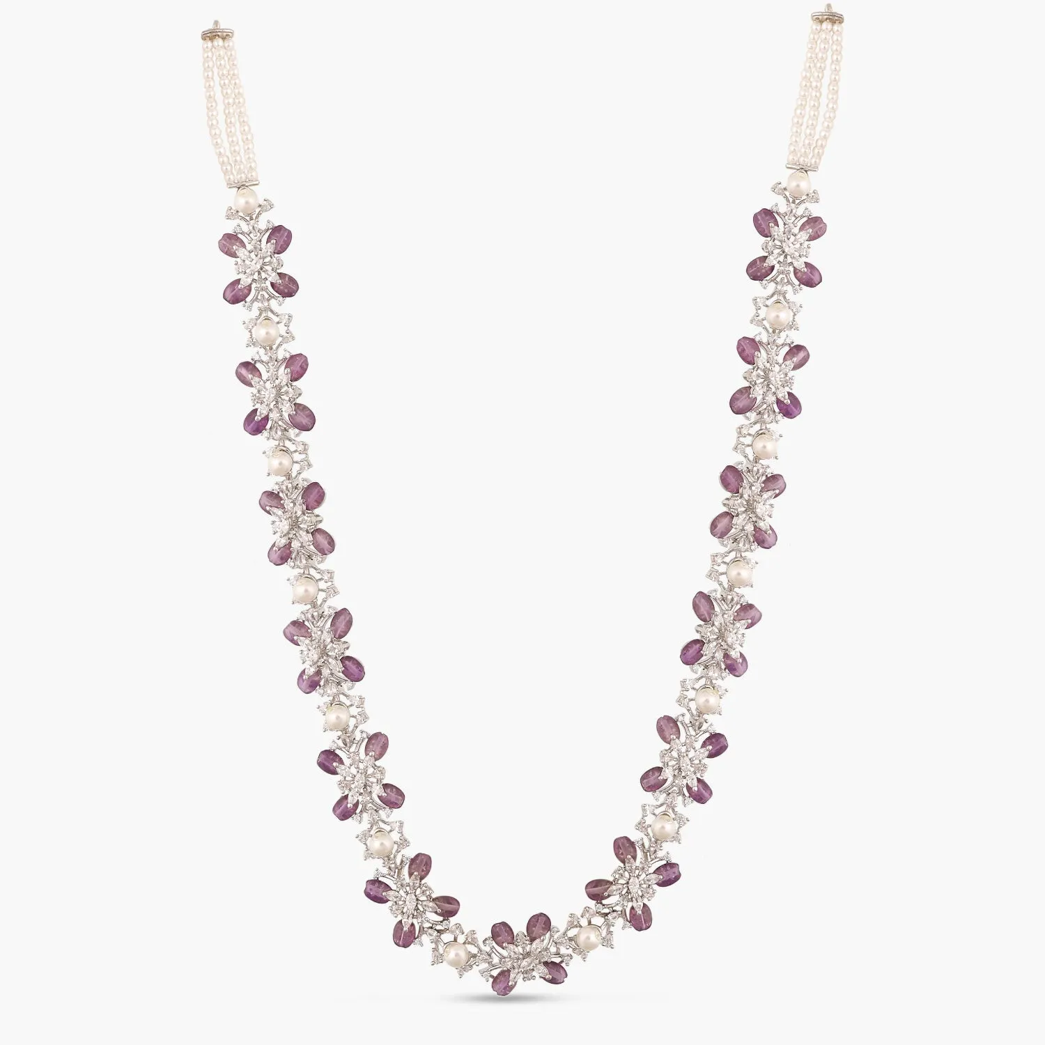 Floral Petal CZ Lavender Beads & Pearl Long Necklace