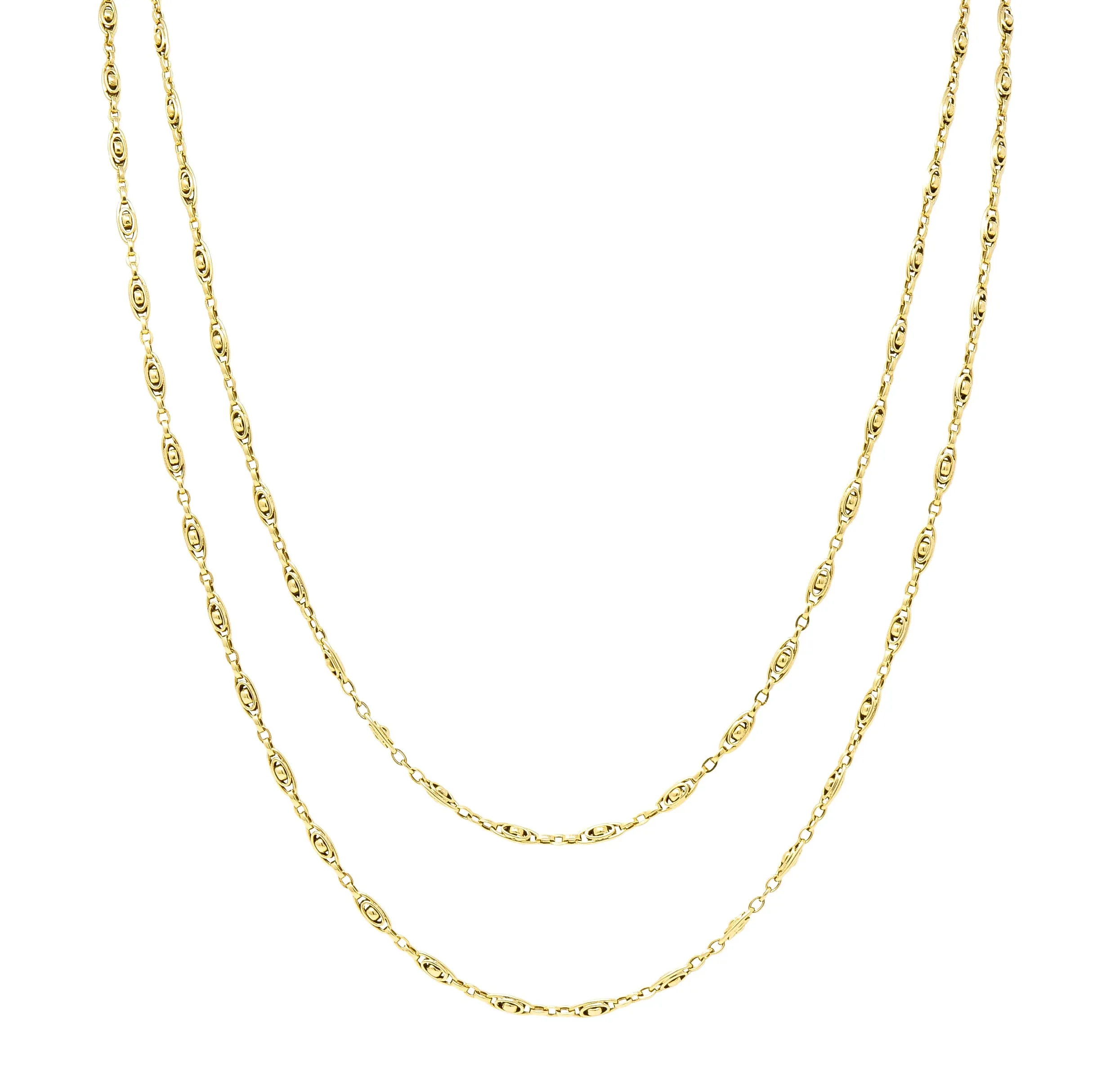 French Victorian 18 Karat Yellow Gold 58 1/2 Inch Long Oval Link Antique Chain Necklace